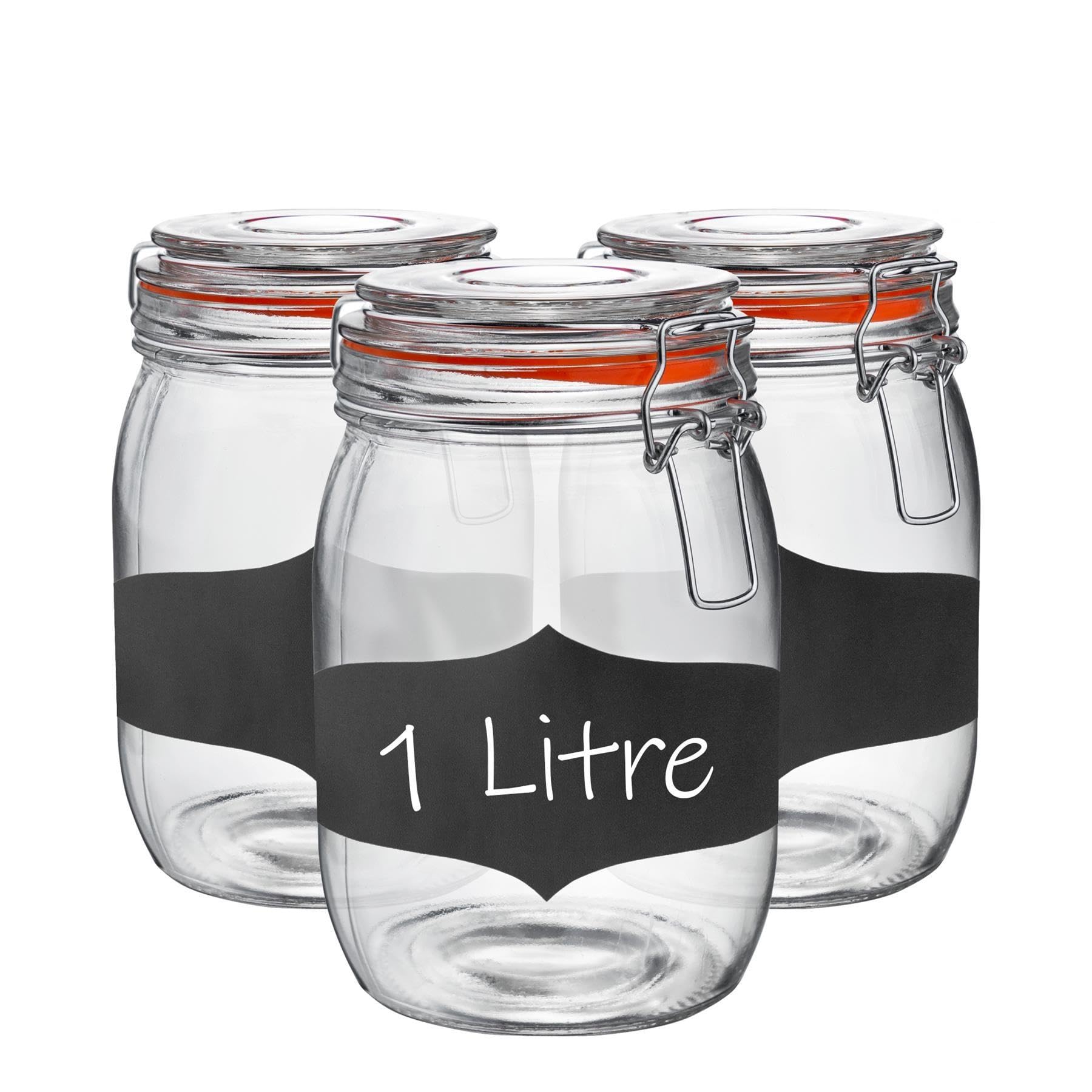 Argon Tableware Glass Jars with Airtight Metal Clip Lid & Chalkboard Stickers - 1000ml/33.8oz - 3 Pack - 4 Colour Seals - Round Container Preserving Jar for Pickling, Chutney, Jam, Coffee
