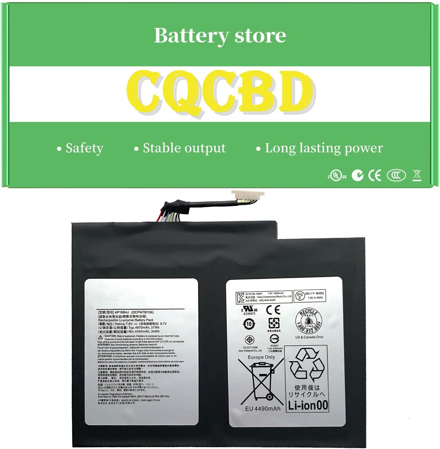 CQCQAP16B4J Battery for Acer Alpha 12 SA5-271 SA5-271P SA5-271-300K Switch 5 SW512-52 SW512-52-513B Alpha 5 SW512-52-513B SW512-52-363J SW512-52-533E SW512-52P 7 SW713-51GNP (7.6V 37Wh/4490mAh)