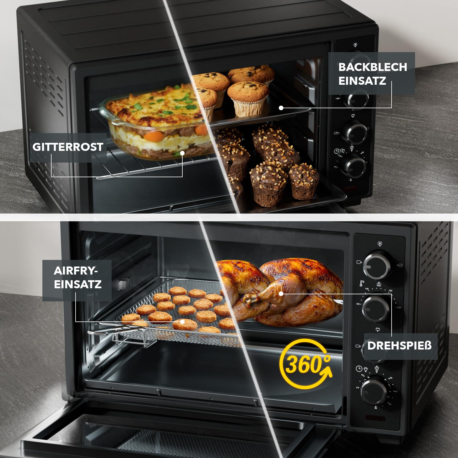 Heinrich´s Minibackofen mit Umluft 60L - Backofen klein mit Drehspieß, Airfryer-Einsatz inkl. Timer, Innenraumbeleuchtung, 100-230 °C, mit großem Sichtfenster, inkl. Zubehör, schwarz, 2000W