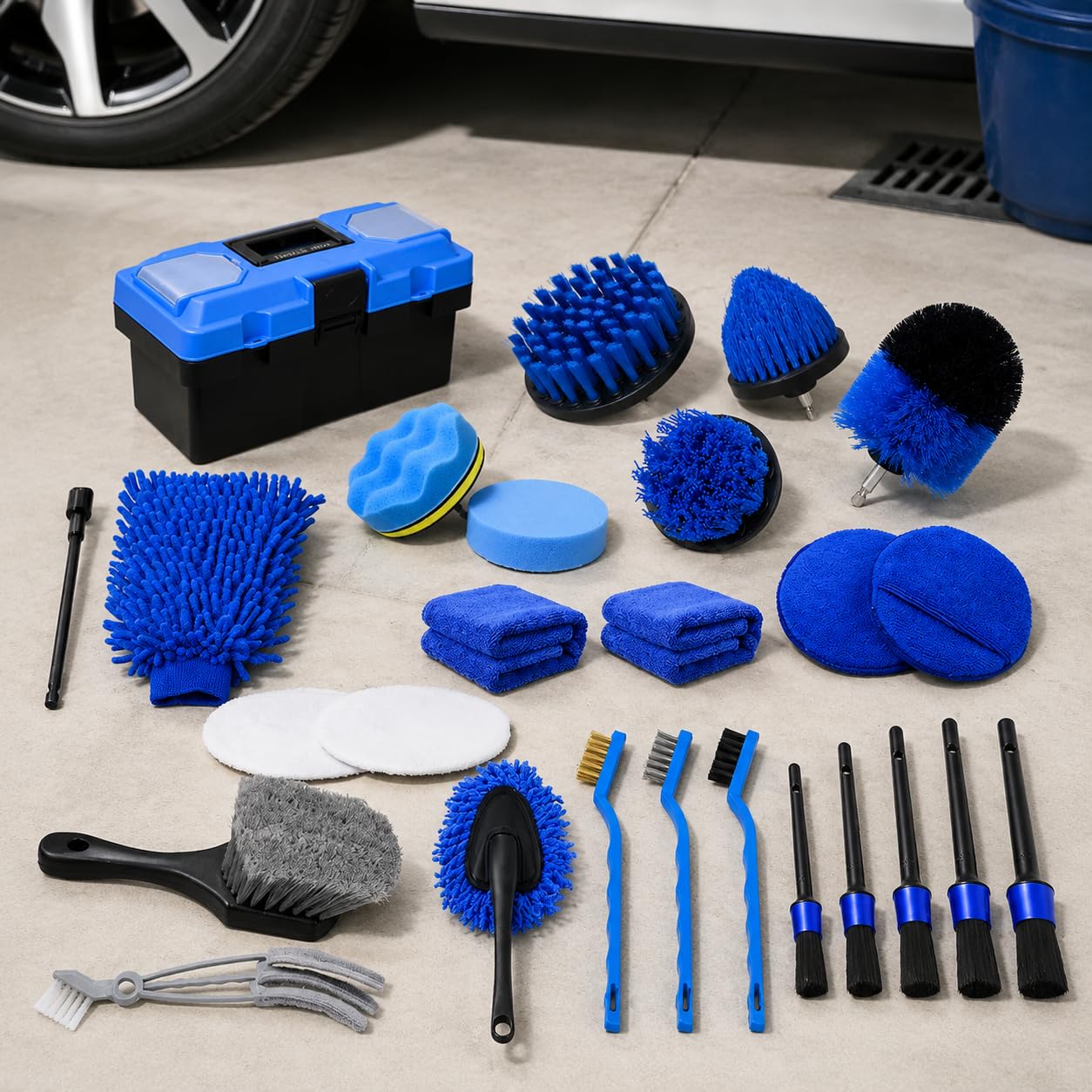 Auto Reinigungsset 27-teilig, Autowaschbürste & Detailbürste für Felgen und Innenraum, Autopflege Set mit Polierpad, azurfarben