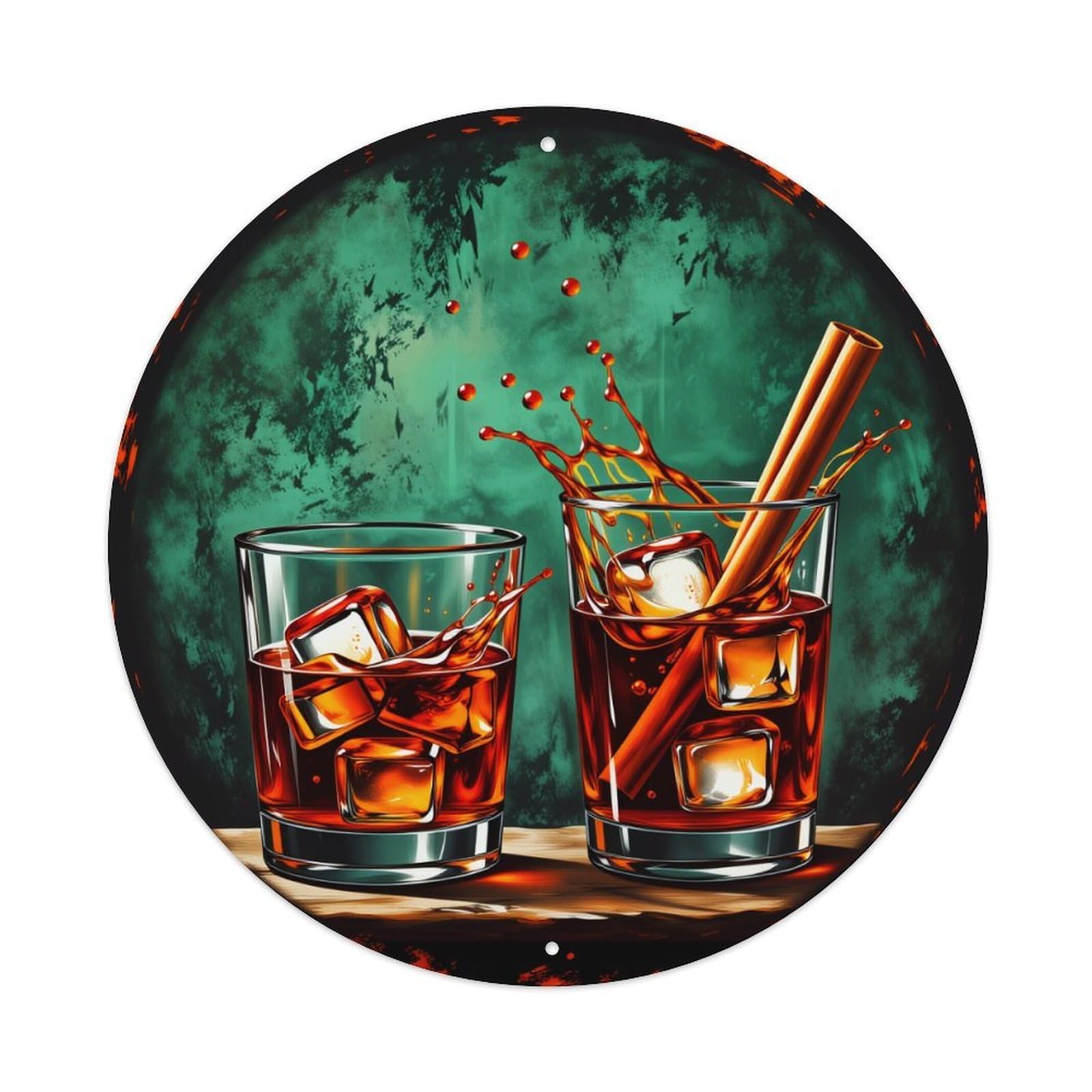 Cocktail Glass Ice Splash Cinnamon Vintage Metal Tin Sign Retro Wall Decor for Home Bar Garage Cafe, Indoor & Outdoor Decorative，circle Metal Poster, 8x8 Inch
