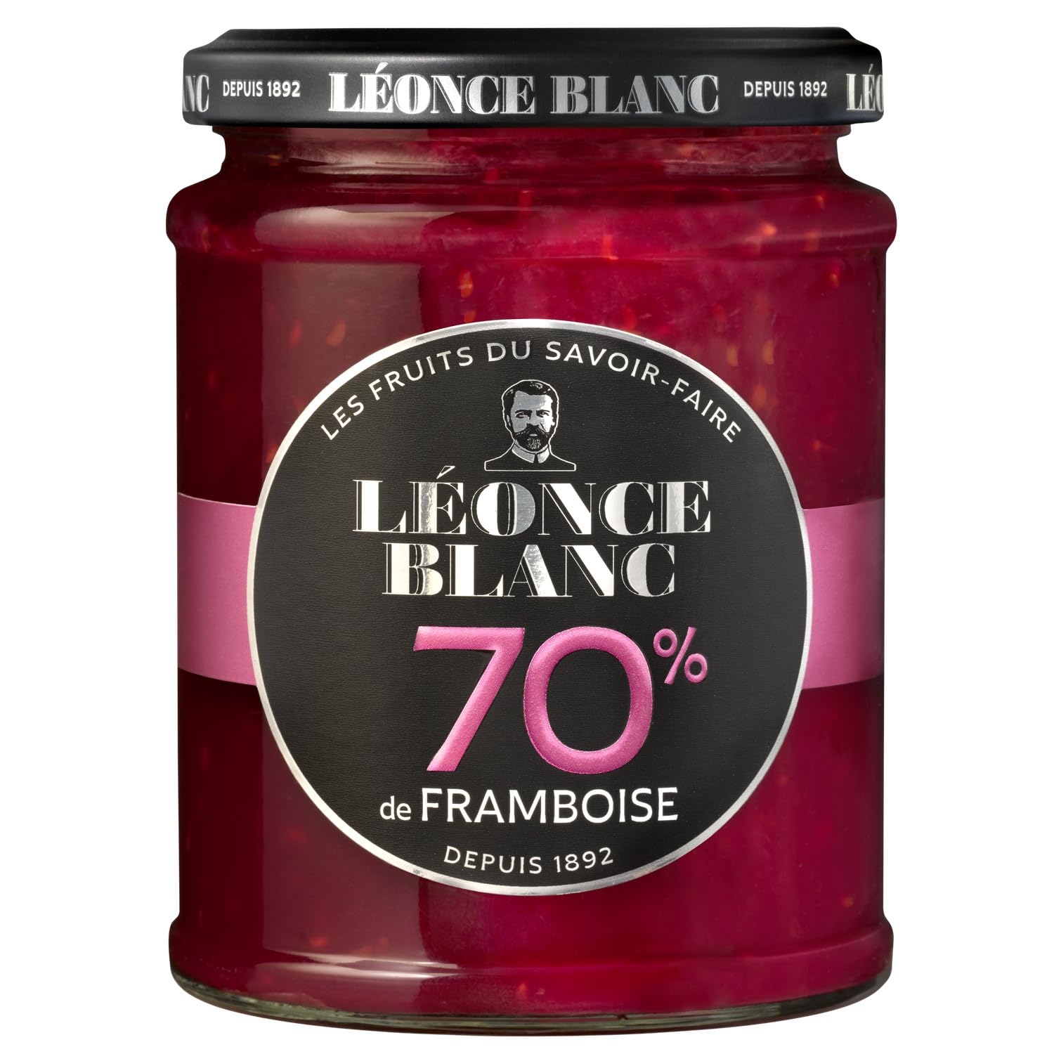 Confiture allégée en sucres pour un plein de fruits, LEONCE BLANC, framboise, pot en verre de 320g - Lot de 3