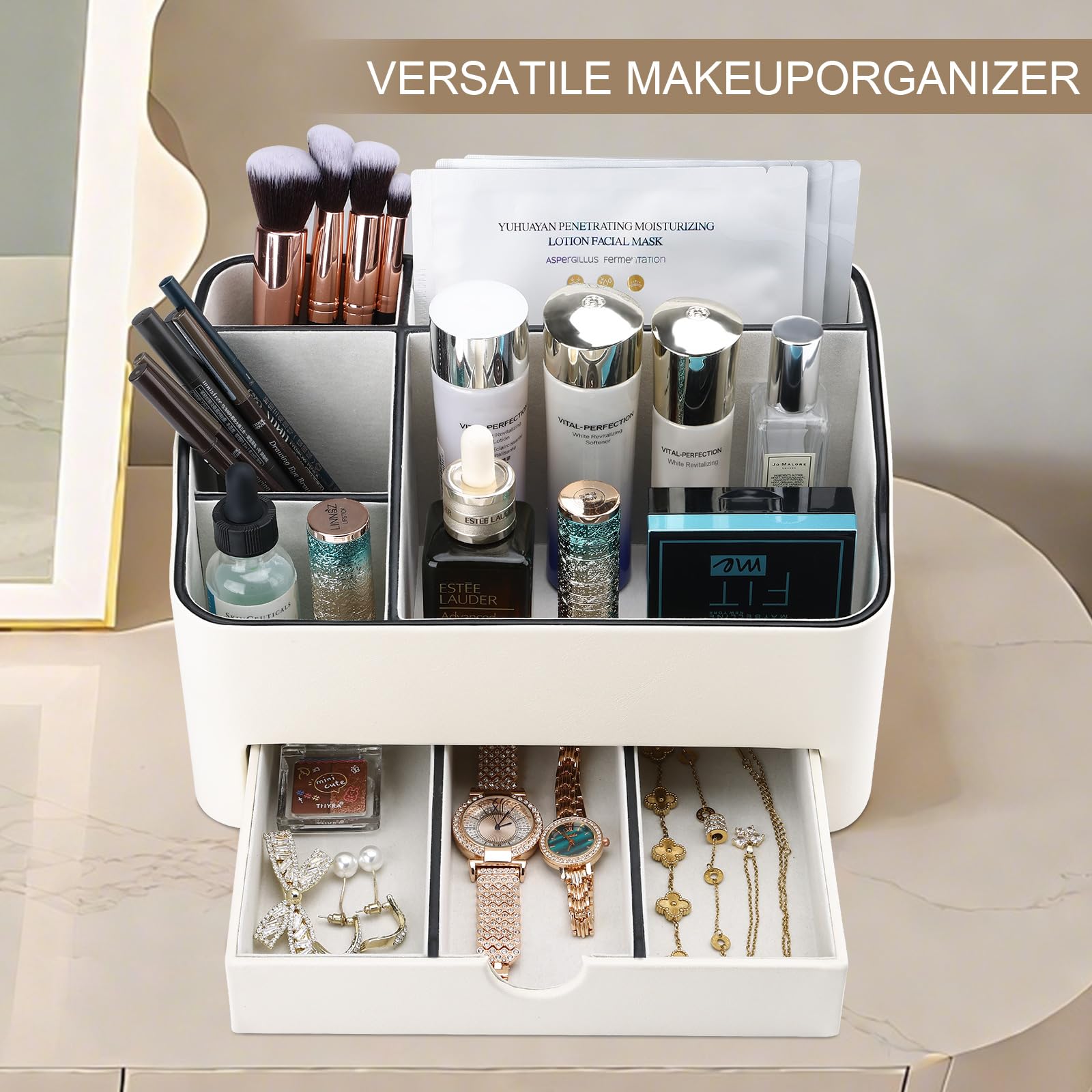KINGFOM Organizer da scrivania con cassetto, portapenne multifunzione per scrivania, organizer da scrivania e accessori, 5 scomparti per forniture per casa e ufficio (crema)