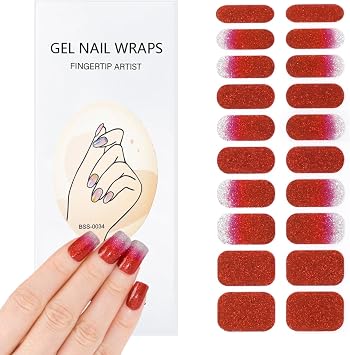 SPLOCUDU 20pcs Red Semi Cured Gel Nail Strips,Glitter Gel Nail Stickers for UV Nail Lamps,Salon-Quality, Long Lasting, Easy to Apply & Remove,Includes 2 Prep Pads, Nail File&Wood Stick