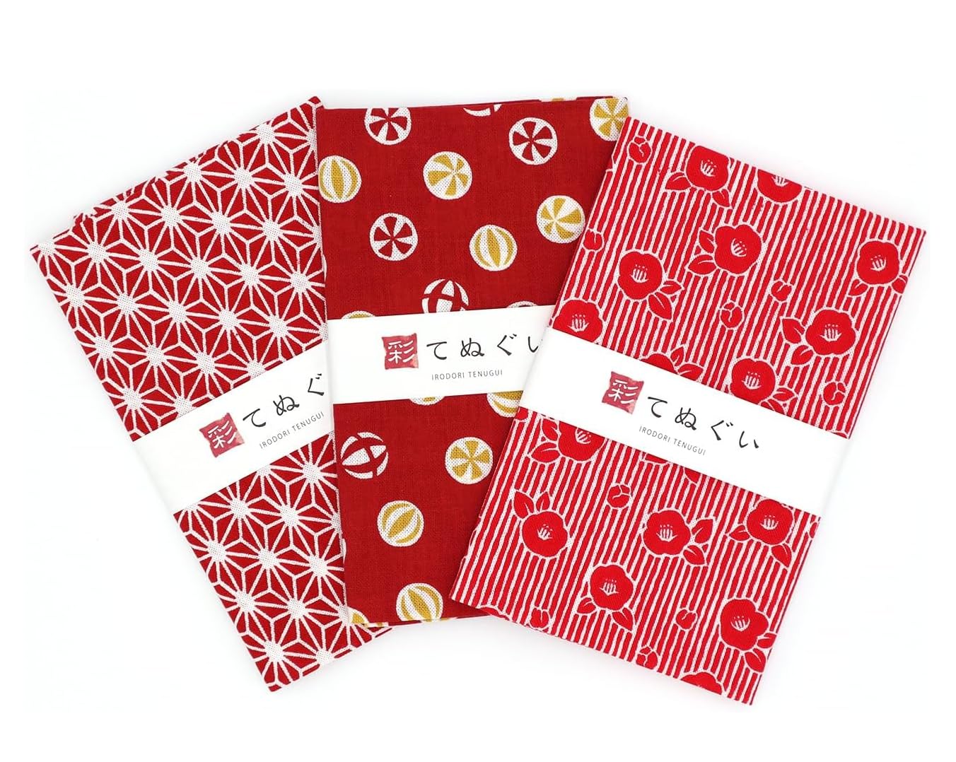 Komesichi Red Irodori Japanese Traditional Towel Tenugui Pattern With Fray Prevention Processing Set Of 3 With Tenugui Iroha (English Manual)