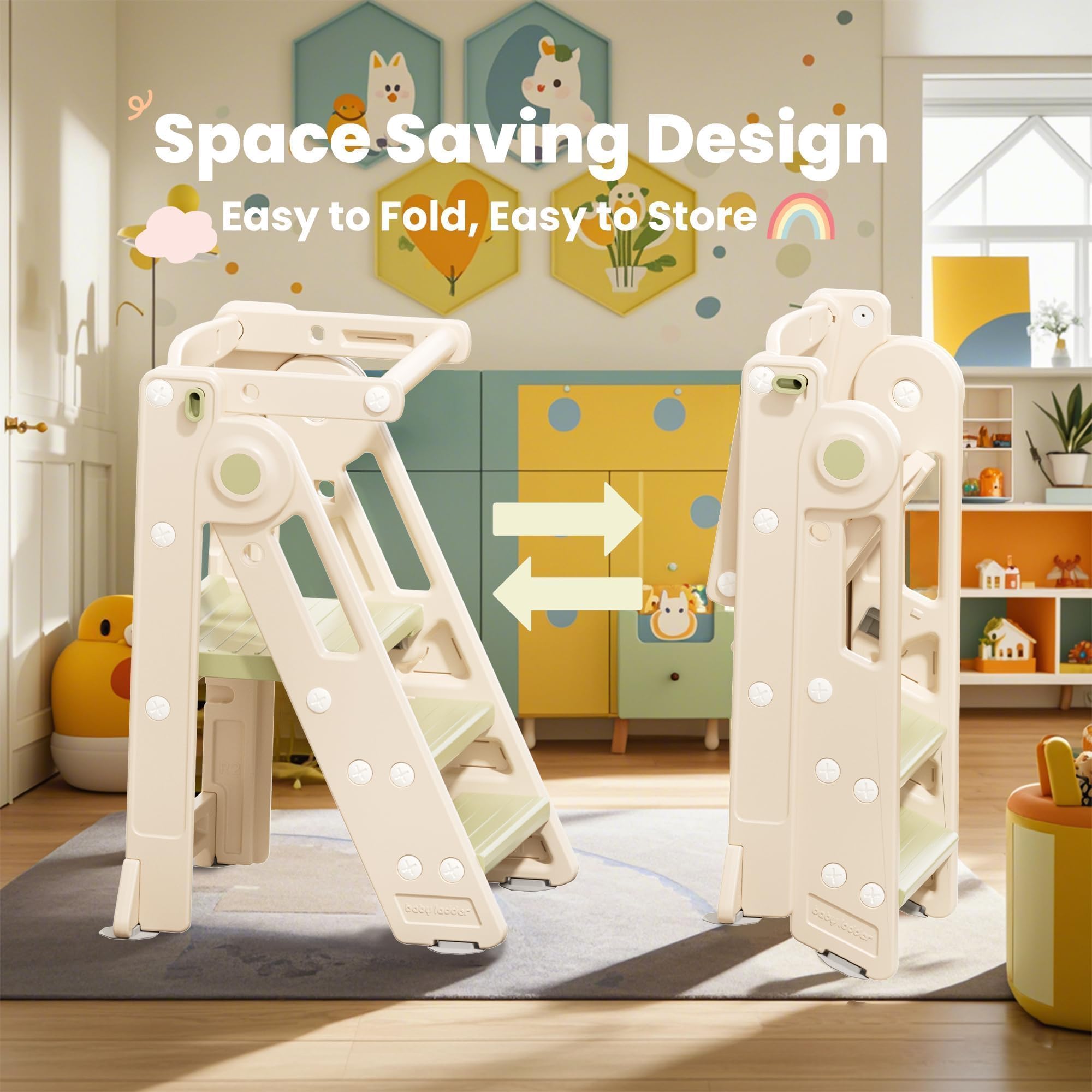Klappbarer Lernturm für Kinder, Höhenverstellbarer Montessori Tritthocker für Küche, Bad und Kinderzimmer, Multifunktional ab 1 Jahr (Classic, Grün)