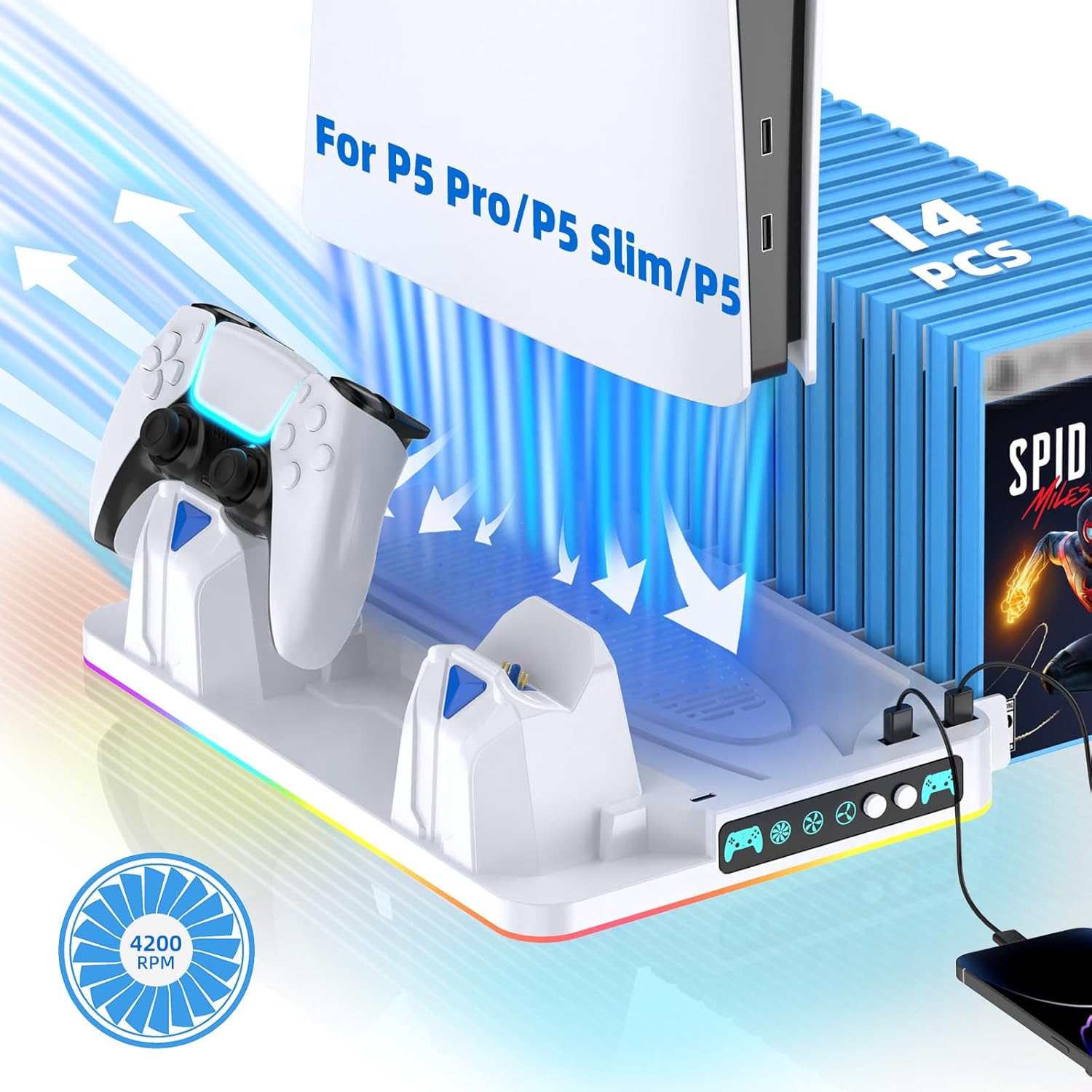 PS5/Slim/Pro Cooling Stand for Disc&Digital with Dual Controller Charging, Multi-Function P5 Accessories 3-Level Cooling Fan, 9 Lighting Modes with Games Storage Slot, White