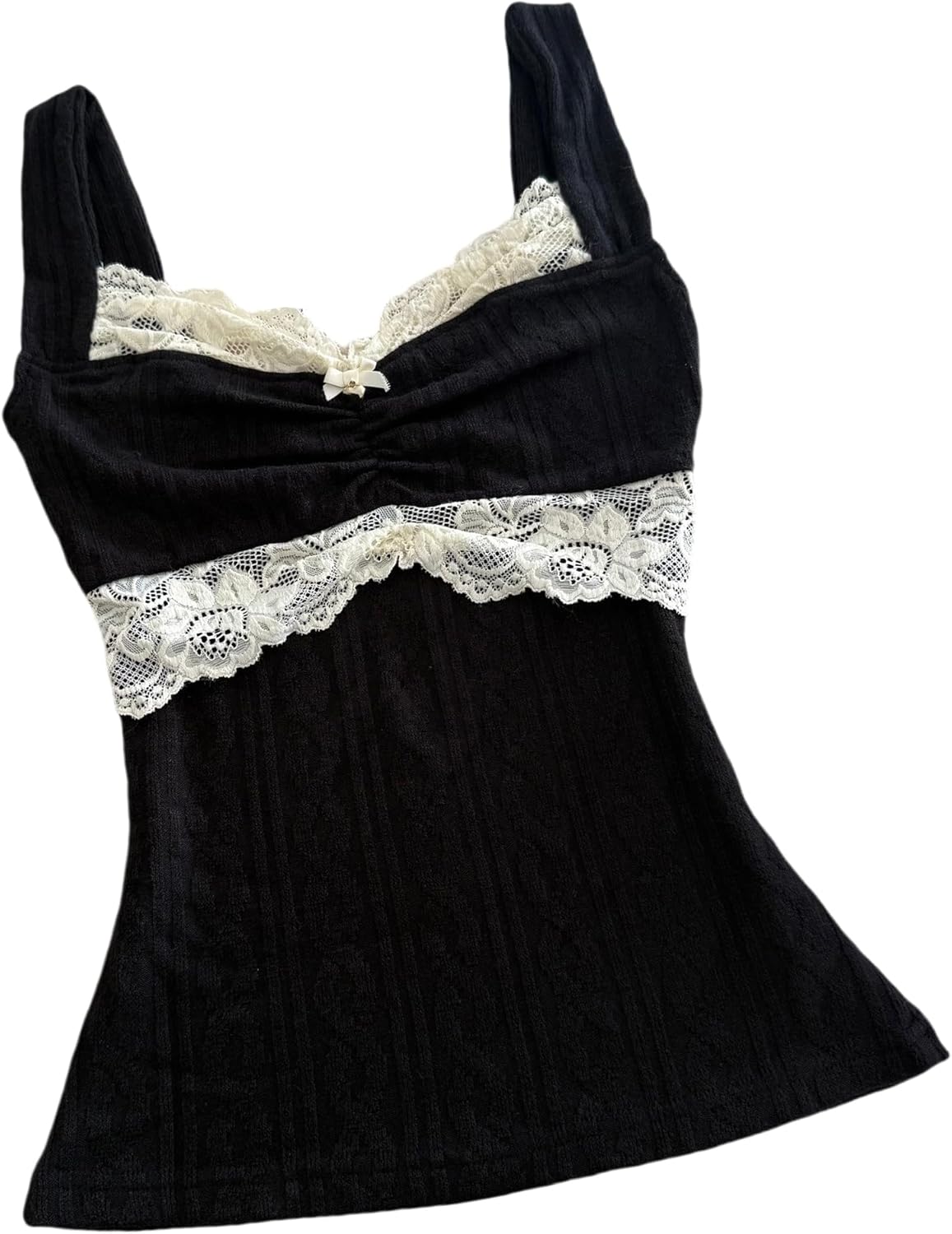 Sunloudy Women Coquette Grunge Tank Tops Vintage Aesthetic Lace Trim Camisole Ribbed Knit Slim Fit Fairy Shirt Clothes