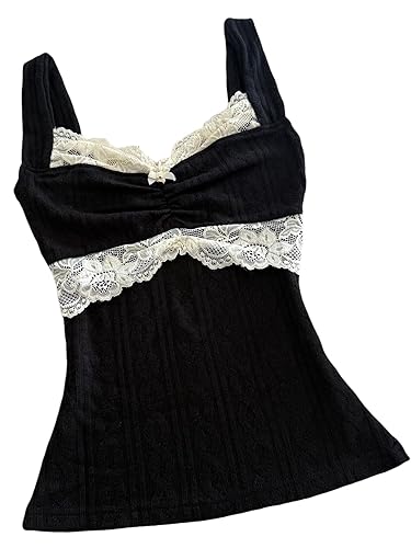 Sunloudy Women Coquette Grunge Tank Tops Vintage Aesthetic Lace Trim Camisole Ribbed Knit Slim Fit Fairy Shirt Clothes - Small - Black