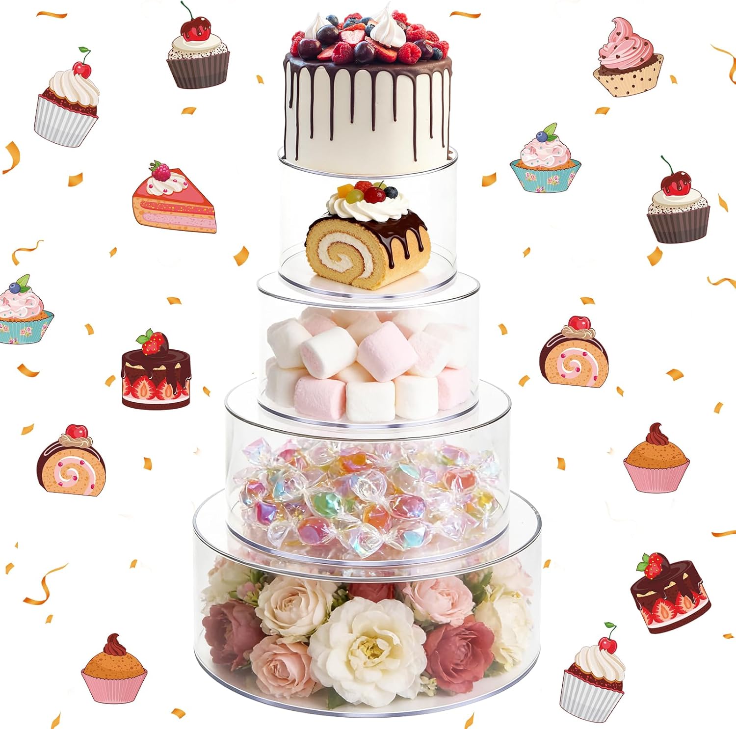 4PCS Acrylic Cake Stand 4”6'' 8'' 10”Clear Cake Stand, Acrylic Cake Separators Fillable Cake Stands Round 2 Tier for Dessert Wedding Birthday Party