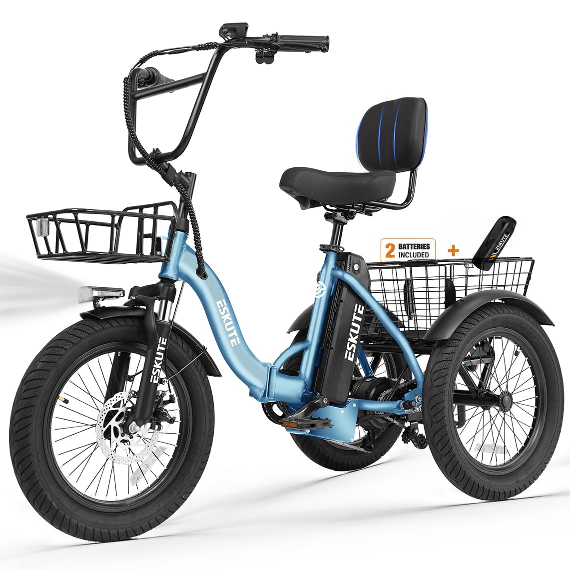 ESKUTE E Trike Electric Bike, Peak 1200W Brushless Motor Folding Trike 18X3.0 Fat Tire Ebike, 624Wh Removable Battery, Step-Thru 3 Wheel Electric Bicycle, Up to 65 Miles, 18MPH+ Tricycle for Adults