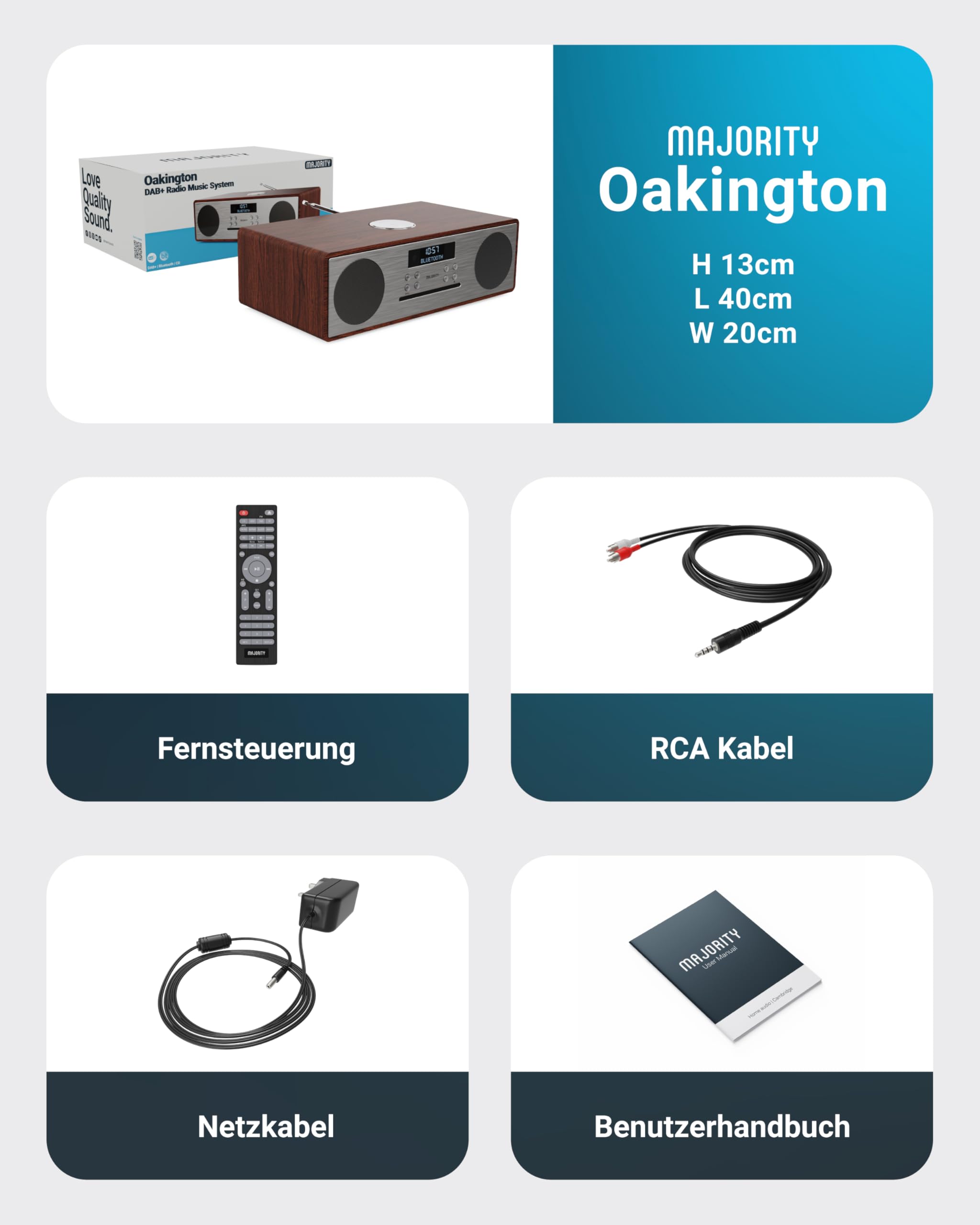 Majority Oakington DAB & UKW CD-Player und Digitalradio Kompaktanlagen | Bluetooth Lautsprecher mit Radio Bluetooth | HiFi Musikanlage mit Dual USB Eingang/Aufladen, AUX/USB, Dab Radio CD Stereoanlage