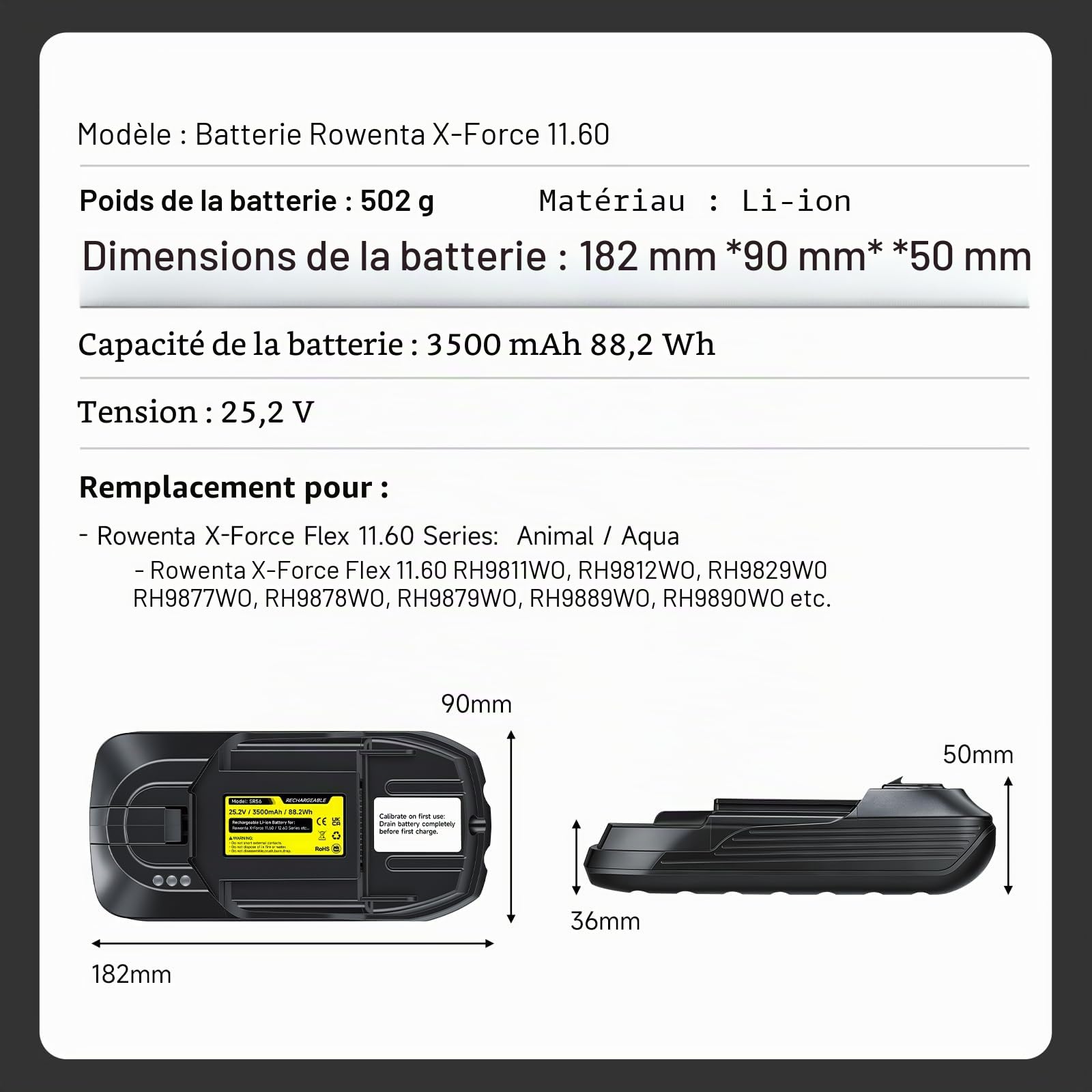 Batterie Remplacement 3500mAh pour Rowenta X-Force Flex 11.60 Animal & Aqua (25,2 V) Li-ION pour RH98 TY98 EO98 Serie ZR009701/RH9878WO - Non Compatible avec Modèles 25,9V & Flex 12.60!
