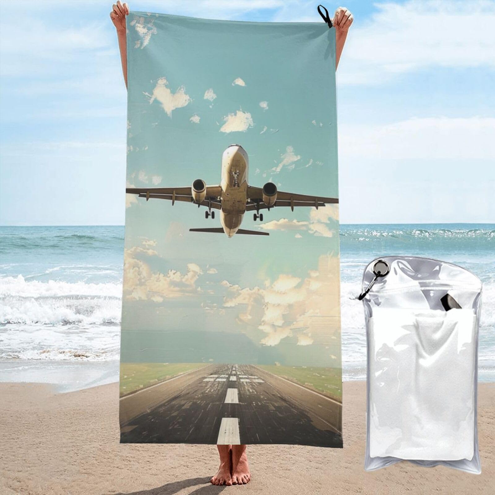 BWWHCCTI Airplane Printed Microfiber Quick Dry Beach Towel 70x140 CM, Fast Drying Bath Towels with Bags for Travel,Camping,Gym,Beach,Swimming,Yoga