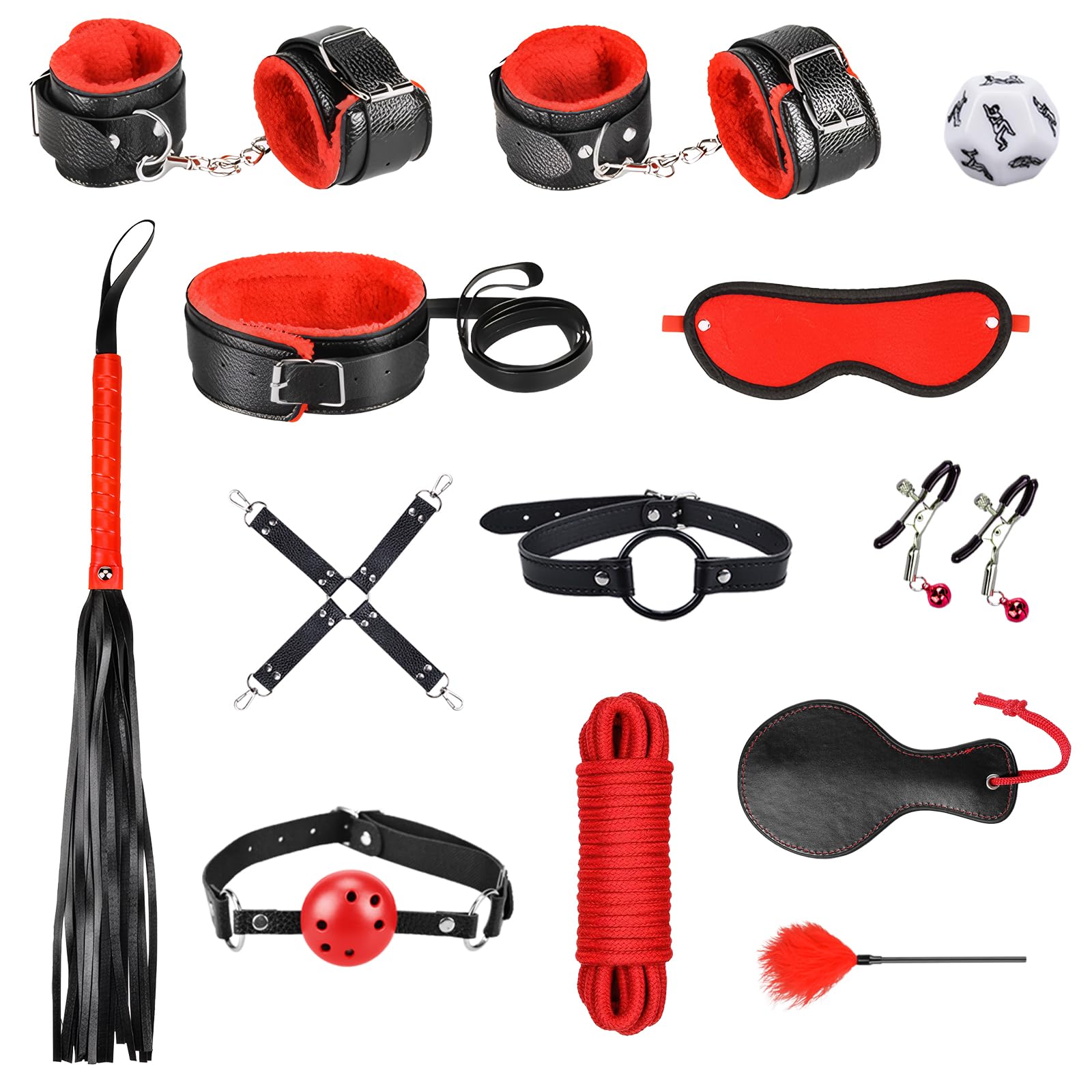 Set bondage nero e rosso kit di contenzione BDSM da 13 pezzi per coppie – Kit bondage per principianti accessorio per sesso estremo per donne e uomini set di contenzione per letto