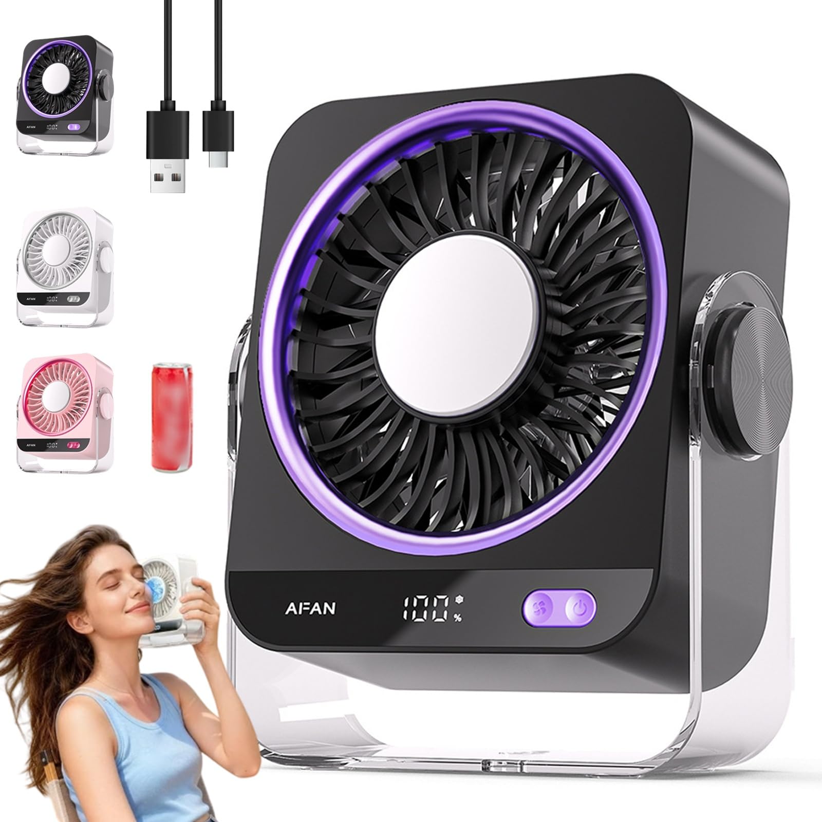 Ventilateur De Bureau Turbo Usb 199 Vitesses, Ventilateur Table, Ventilateurs Chevet For Dormir, Ventilateurs Bureau, Refroidissement Par Glace, Affichage Led, Silencieux, Glace InstantanéE(C,1PC)