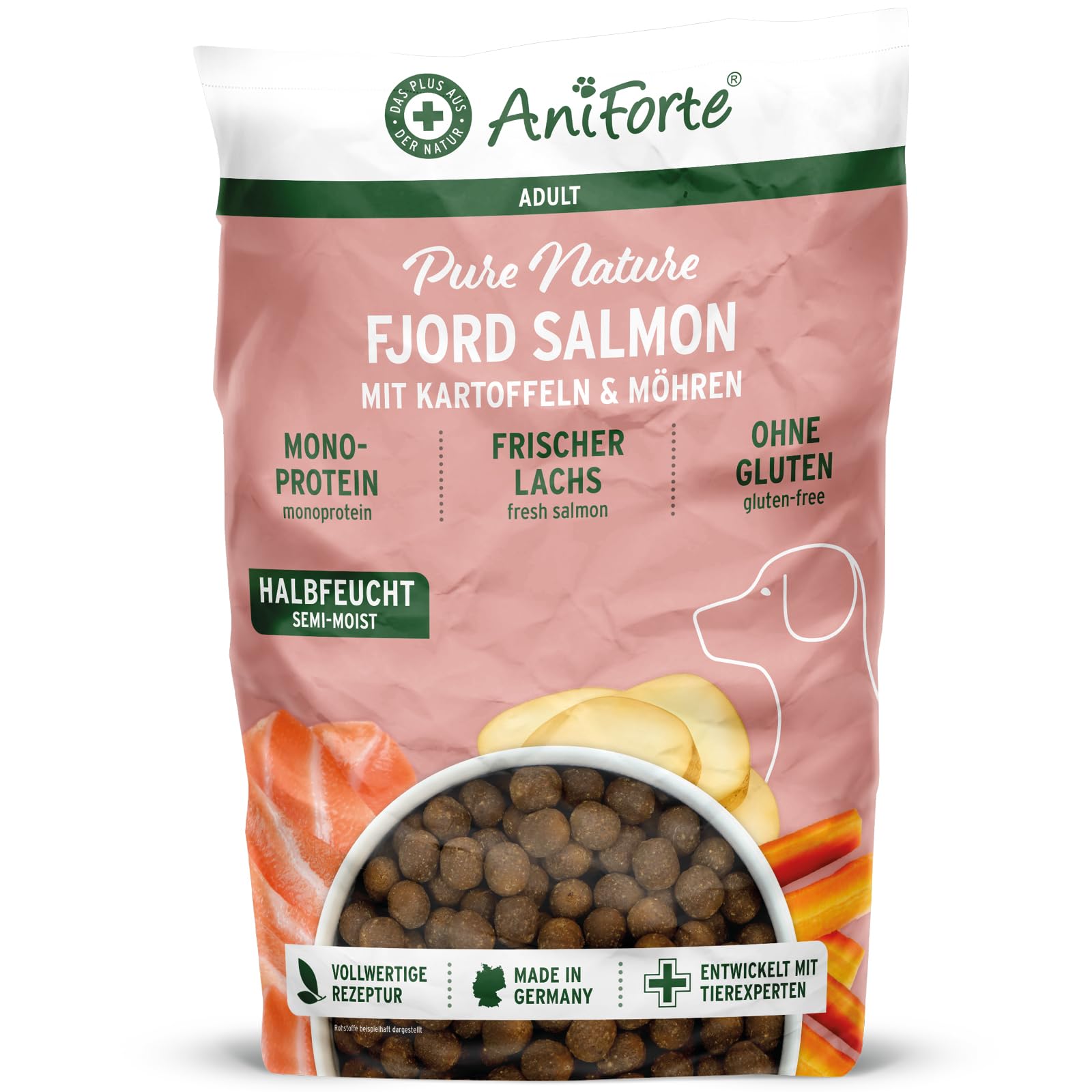 AniForte Lachs Trockenfutter für Hunde 12,5kg – Frischer Lachs mit Kartoffeln & Vitaminen, Halbfeuchtes Trockenfutter, Hundefutter trocken getreidefrei & glutenfrei für Allergiker