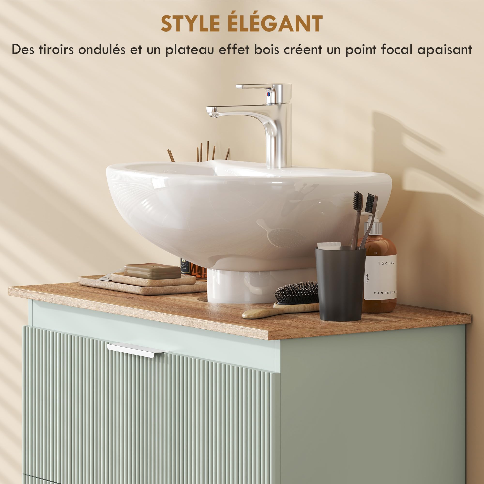 HOMCOM Meuble sous lavabo, Meuble de Salle de Bain avec 2 tiroirs, Armoire de Salle de Bains sous lavabo, Style Moderne, 80 x 40 x 60 cm, Vert et Bois Naturel