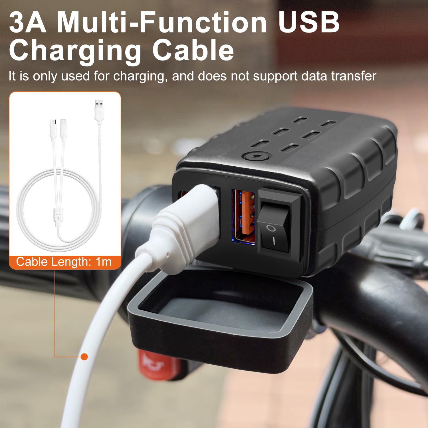 Caricabatterie Moto USB C Impermeabile con Interruttore e Luce LED, 3 Porte USB-A+Tipo-C, Fusibile 10A, per 12V/24V Barca, ATV, Bicicletta + Multi Cavo di Ricarica