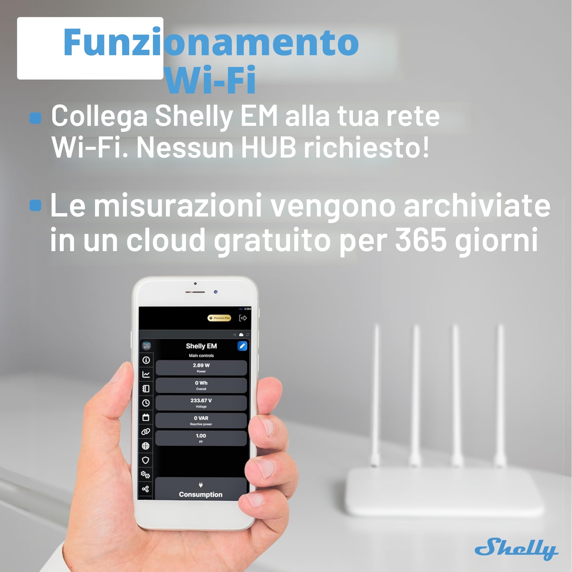 Shelly EM, Contatore di Energia Elettrica Intelligente, Monofase a 2 canali (120A per canale), Monitoraggio fotovoltaico, Controllo contattore remoto, App iOS Android, Alexa, Google Home
