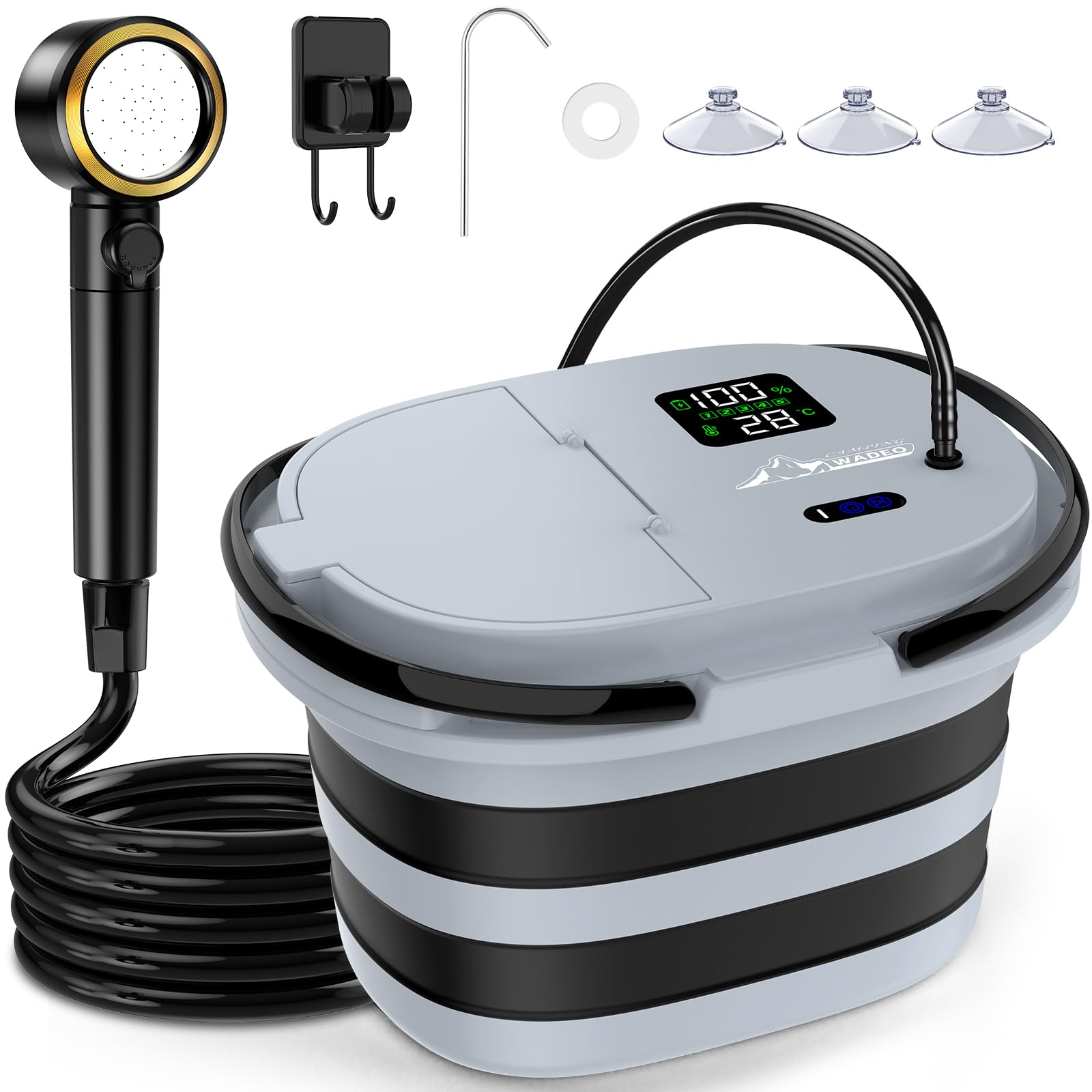 WADEO 2026 Douche Portable de Camping – Seau Pliable + Pompe Intégrés, 13000 mAh Rechargeable, Écran LED (℃/℉), 5 Vitesses, IPX8, Kit de Douche pour Camping, Animaux, Plage, Lavage Auto