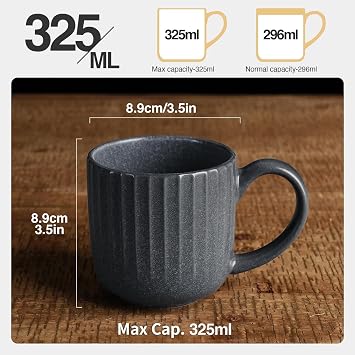 Richmount Starlight Coffee Mugs Set of 4, 11oz/325ml Stoneware Tea Cups with Large Handle for Latte/Cappuccino/Milk/Cocoa/Tea, Microwave & Dishwasher Safe, MatteGrey