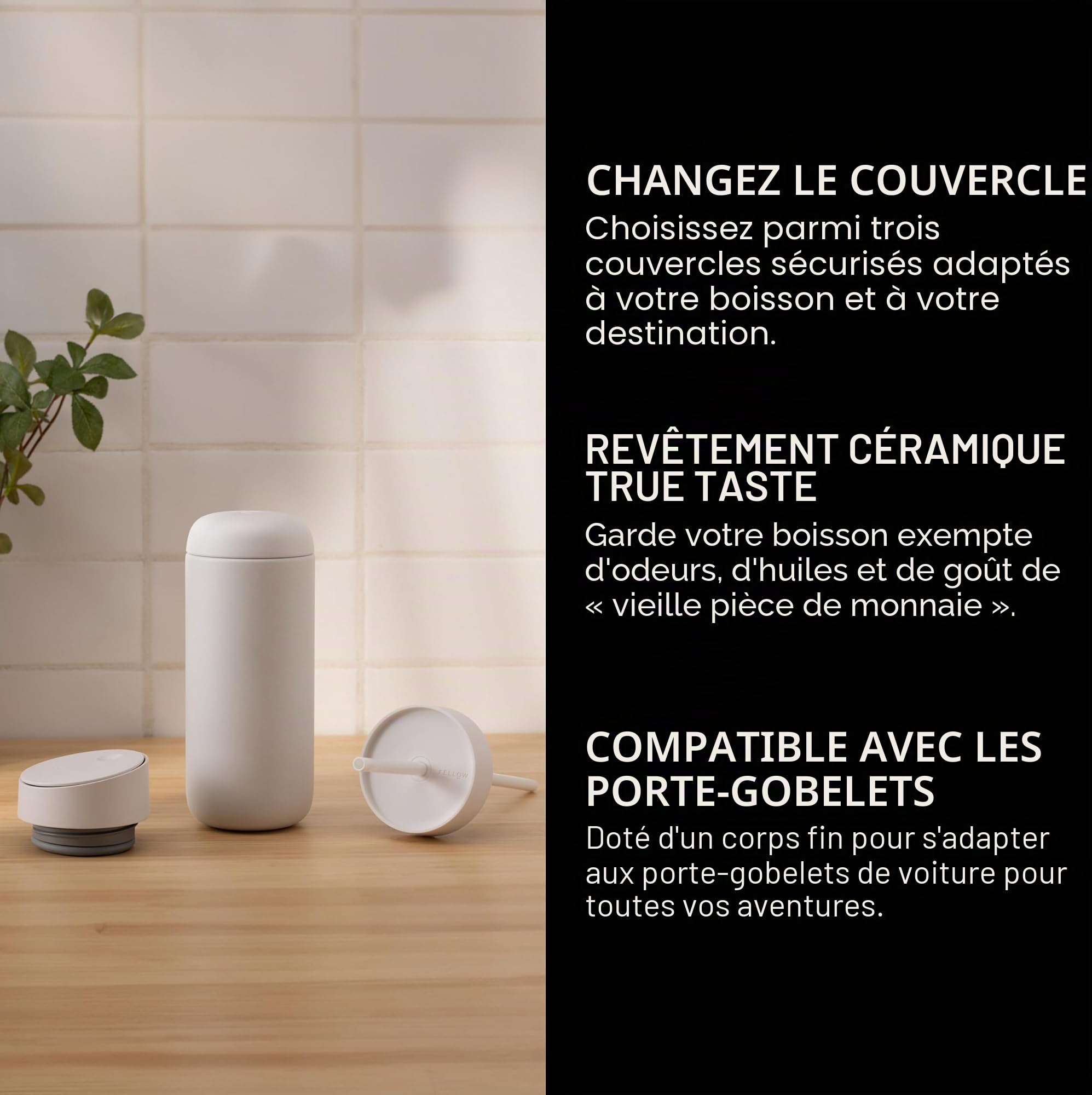 Fellow Tasse de voyage 3 en 1 avec fermeture coulissante, couvercles Move & Cold avec paille – Tasse à café à emporter – Intérieur en céramique et acier inoxydable isolé sous vide – Tasses à café
