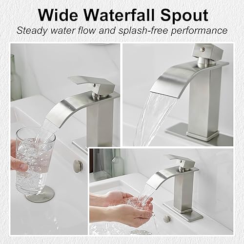 Miniatura 10 de BATHLAVISH Grifo para lavabo de baño, cascada, oro cepillado, cuerpo alto, moderno, de un solo agujero, boquilla plana con desagüe desplegable sin