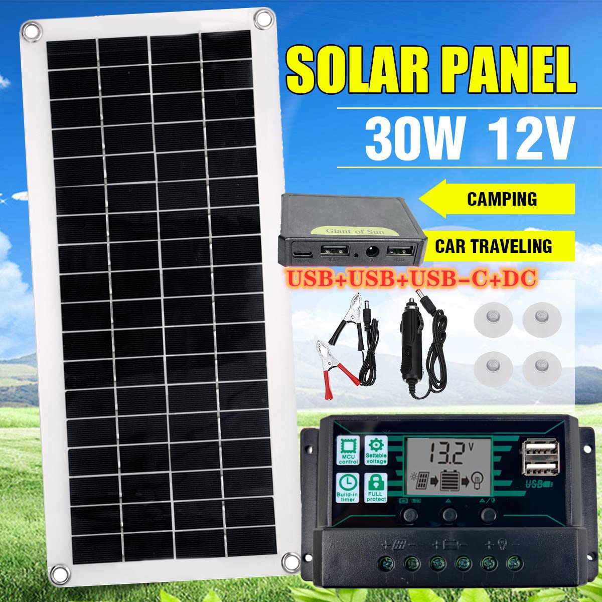 Pannello Solare Flessibile 30W + Regolatore 10A/20A/30A/40A/50A/60A + Accessori, Caricabatterie Solare Portatile 12V USB Policristallino Campeggio Viaggio Batteria Esterna 60Acontroller