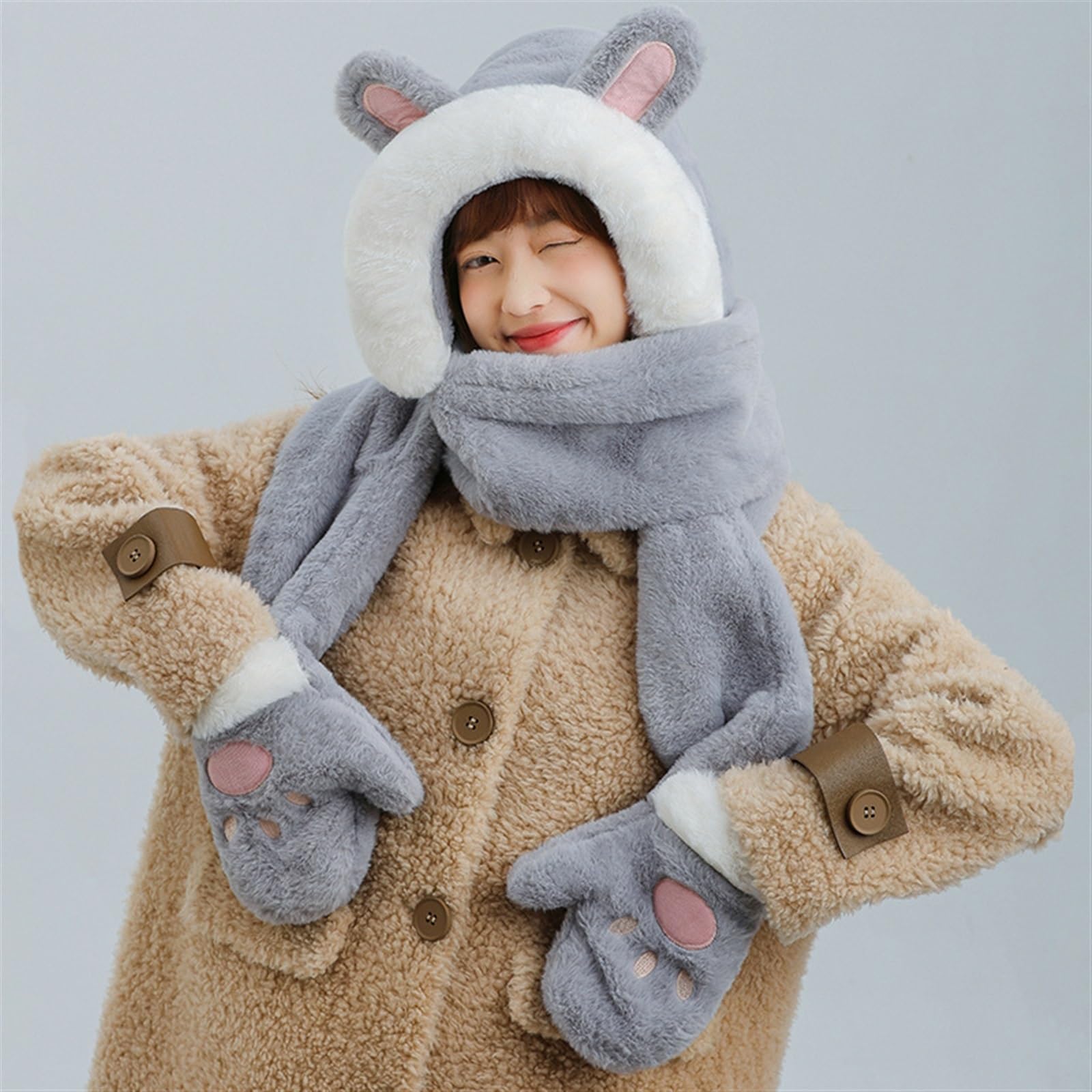 Cute Rabbit Ear Plush Beanie Hat Scarf Set Women Fluffy Fleece Hoodie Warm Amazon.com: 3 in 1 Cute Bunny Ears Hat Scarf Gloves Set  main image 4