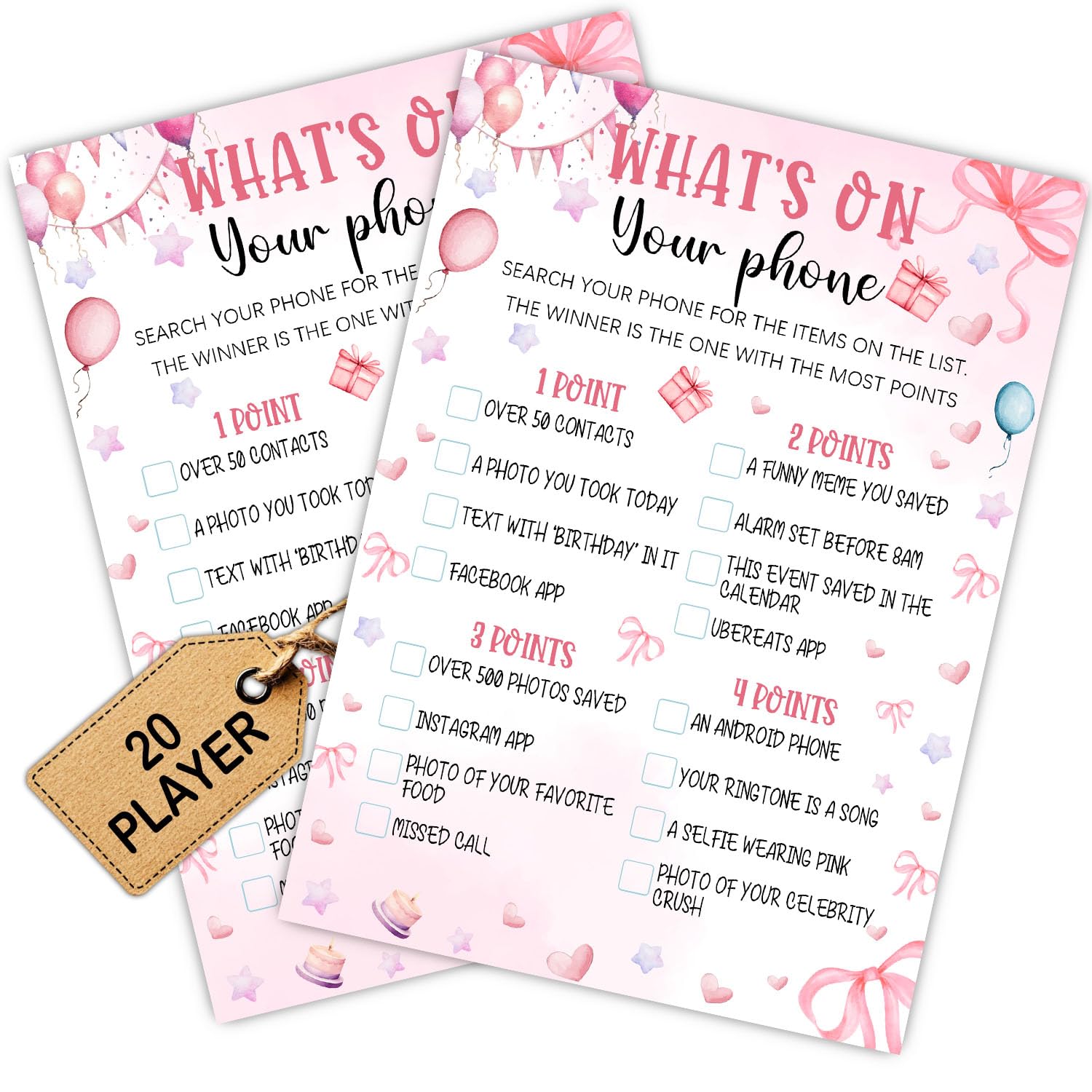 Pink Slumber Party Games Card - Coquette Pink Bow Themed Sleepover Slumber Party Supplies- Sleepover Stuff- Birthday Night Games Creative Idea -What's on Your Phone- 20 Game Cards