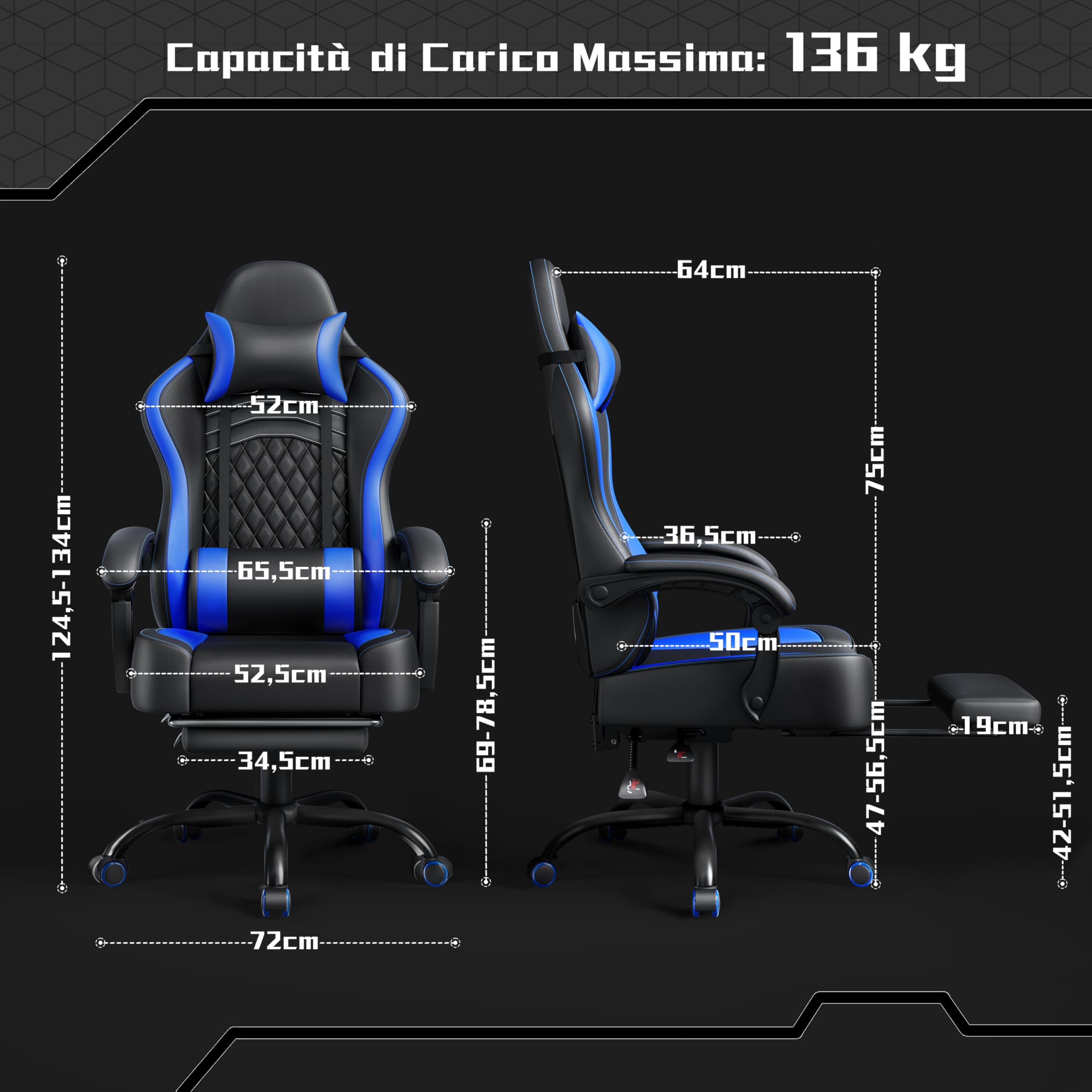Yaheetech Sedia da Gaming Ergonomica con Cuscino Massaggio Lombare, Schienale Reclinabile e Poggiapiedi Estraibile, Sedia da Ufficio Girevole con Braccioli Imbottiti e Poggiatesta Rimovibile (Blu)