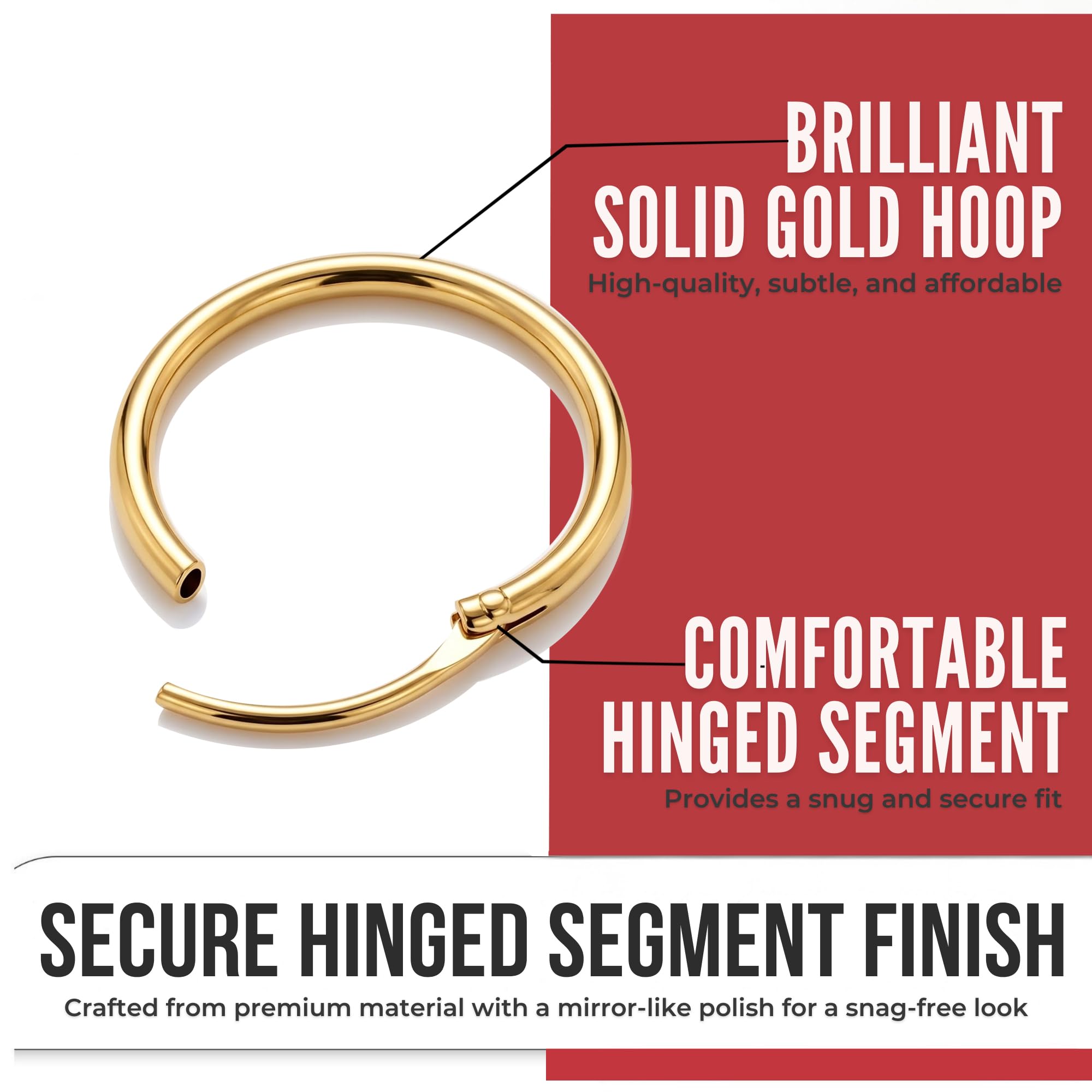 Anello per setto in oro massiccio 14 K, anello per naso in oro massiccio, anello a segmento incernierato, calibro 18, Oro massiccio 14K, Nessuna pietra preziosa