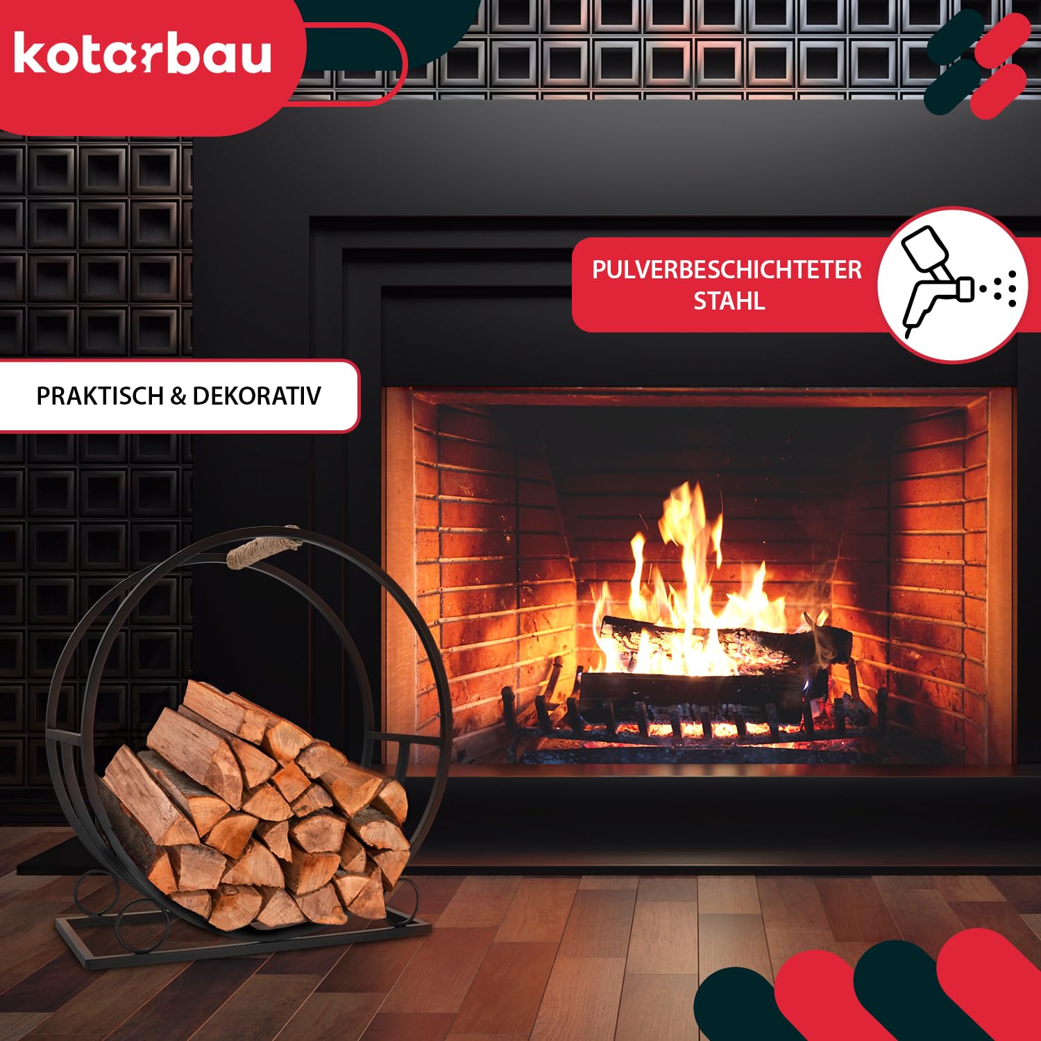 KOTARBAU® Holzkorb für Kaminholz - 55 x 25 x 60 cm - Kaminholzregal für innen & außen - Rund - ⌀ 60 cm - Holz Tragekorb - mit Griff - Metall Korb für Kaminholz - Dekorativ - Stahl - Schwarz