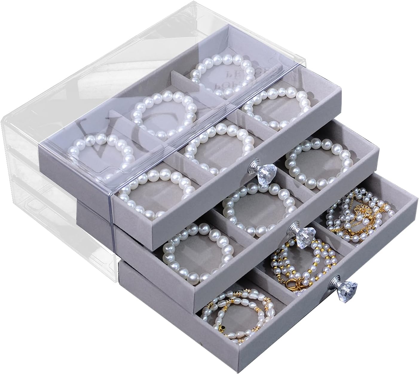 KATISYIO Bracelet Storage Box with 3 Drawers Bangle Organizer Display Case Clear 18 Grids Velvet Jewelry Organizer for Women Girls (Gray)