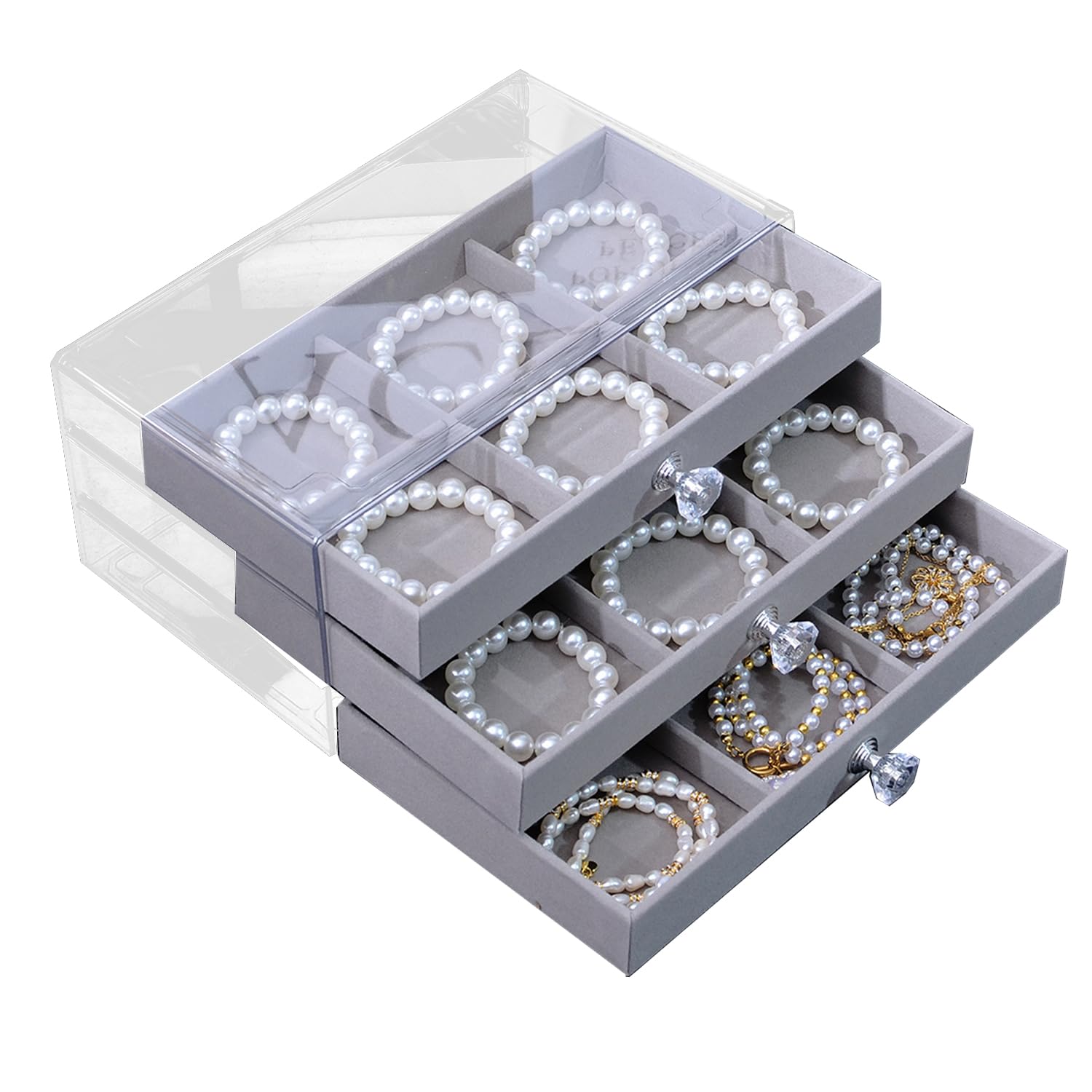 KATISYIO Bracelet Storage Box with 3 Drawers Bangle Organizer Display Case Clear 18 Grids Velvet Jewelry Organizer for Women Girls (Gray)