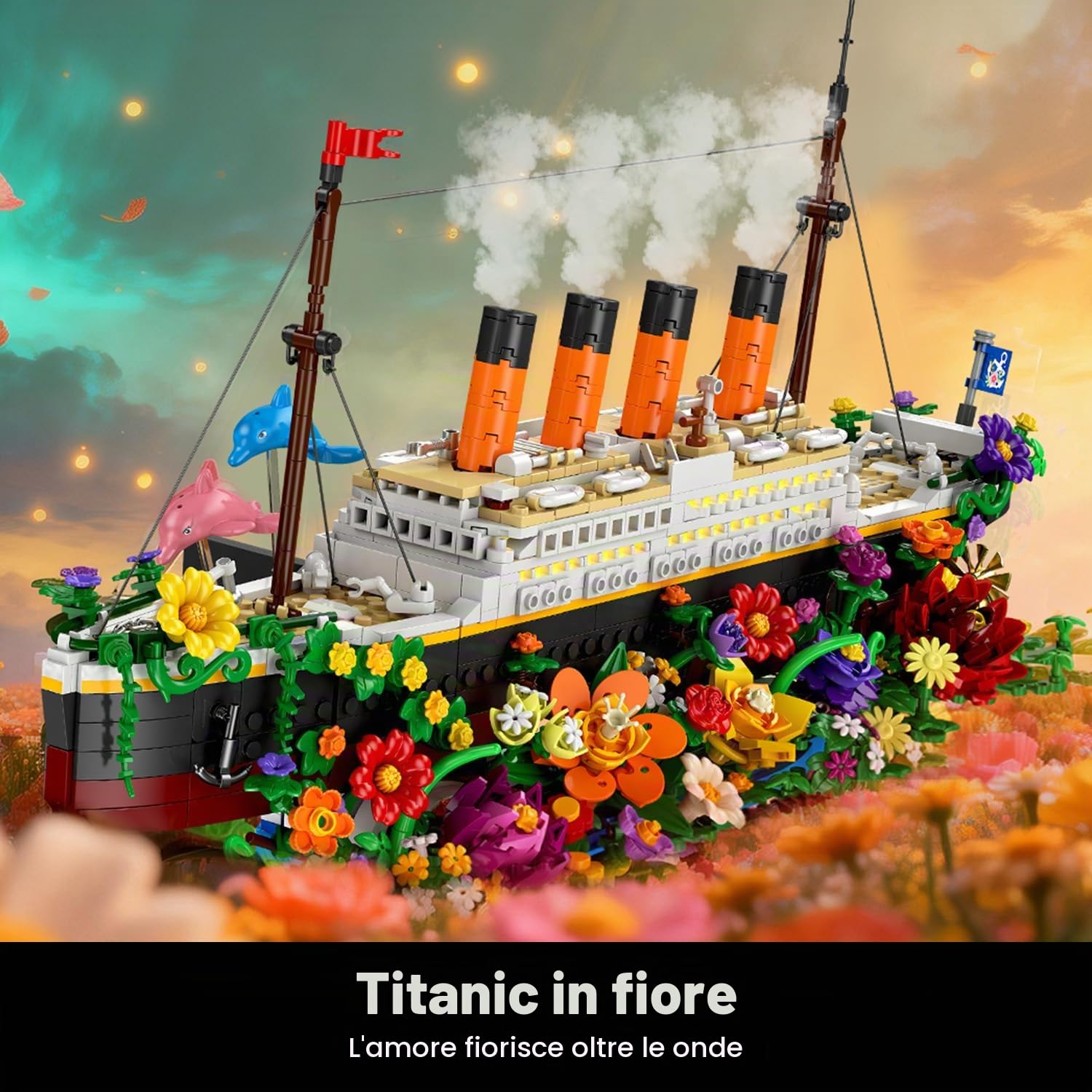 INSOON Blumen Titanic Giocattolo da costruzione con luce, nave Titanic con fiori, delfini botanici, 1860 pezzi modello di nave, mattoncini di serraggio, regalo per adulti, bambini, ragazzi e