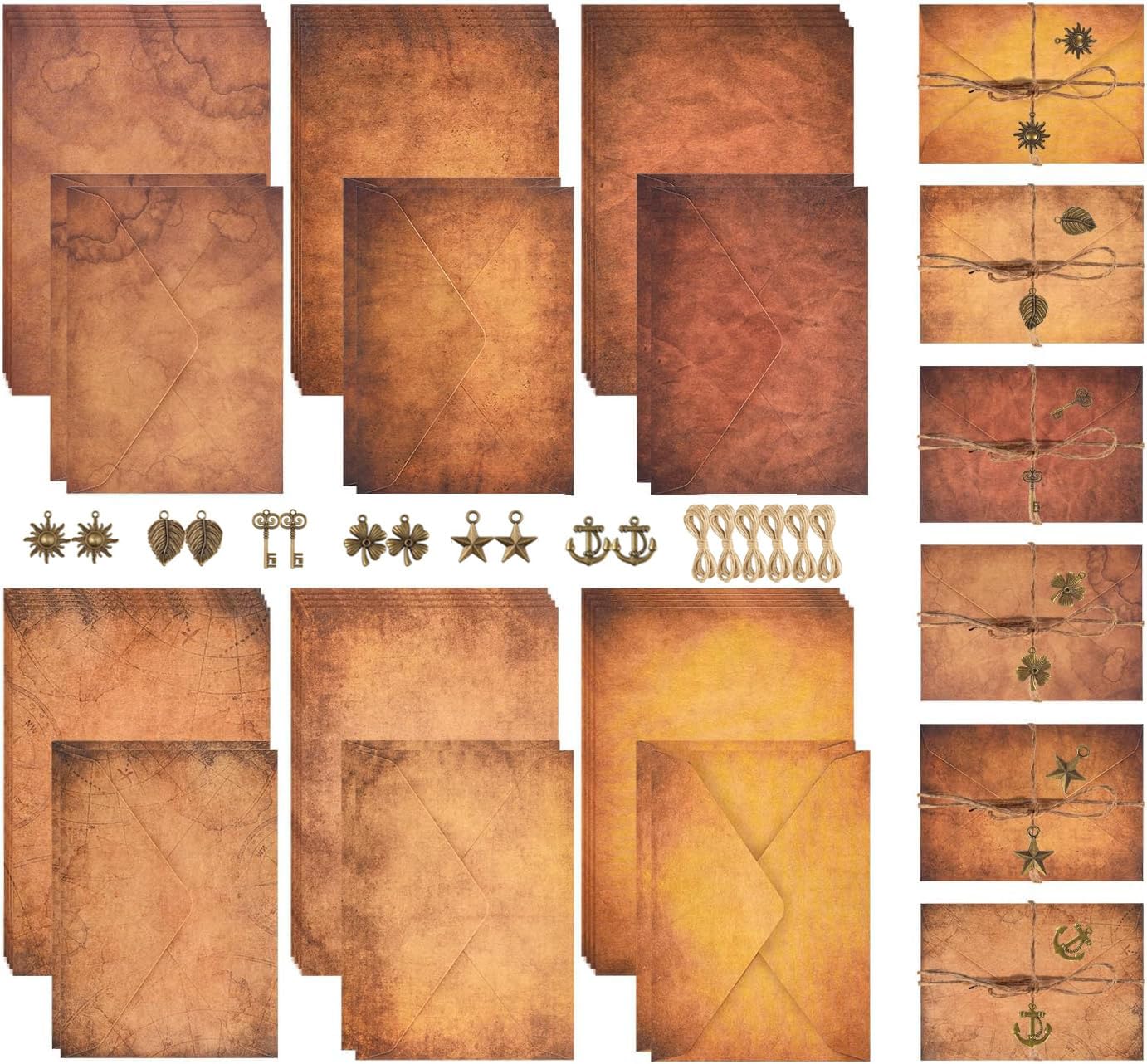 Juego de papel de papelería vintage y sobres, 24 hojas de papel de carta antiguo envejecido clásico para escribir cartas invitaciones con 12 sobres de papel kraft de estilo antiguo, cuerda de