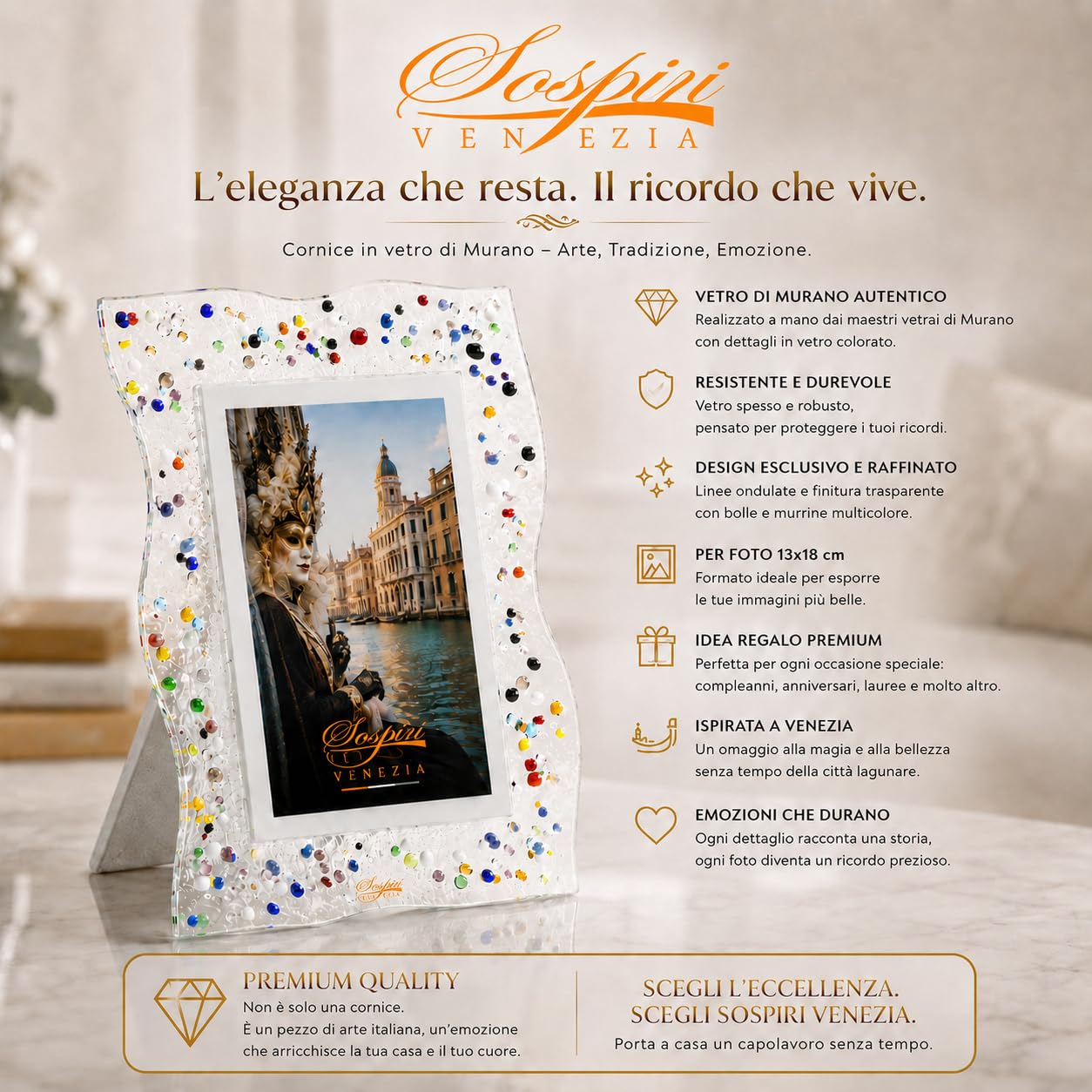 Sospiri Venezia Portafoto Vetro Murano Cornice con Supporto da Scrivania o Tavolo Foto 13x18 cm Decorato a Mano Soprammobile Casa Idea Regalo per Cerimonia Bomboniera (19X25 cm)