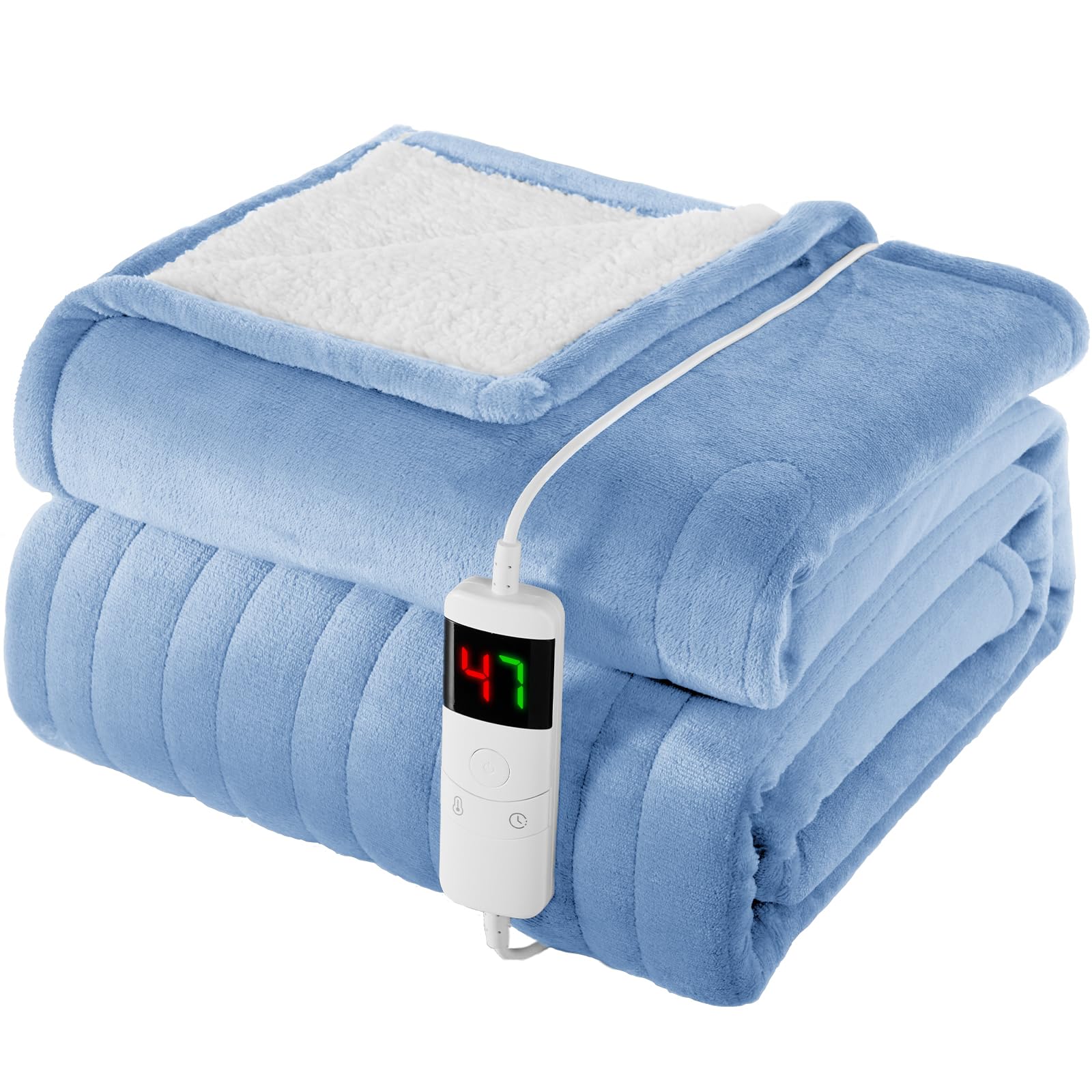 Homemate Heated Blanket Electric Throw - 150x200cm, 1/2/4/6/8 Hours Auto-Off 10 Heat Level Digital Control, Over-Heat Protection Flannel Sherpa Washable Blanket Blue