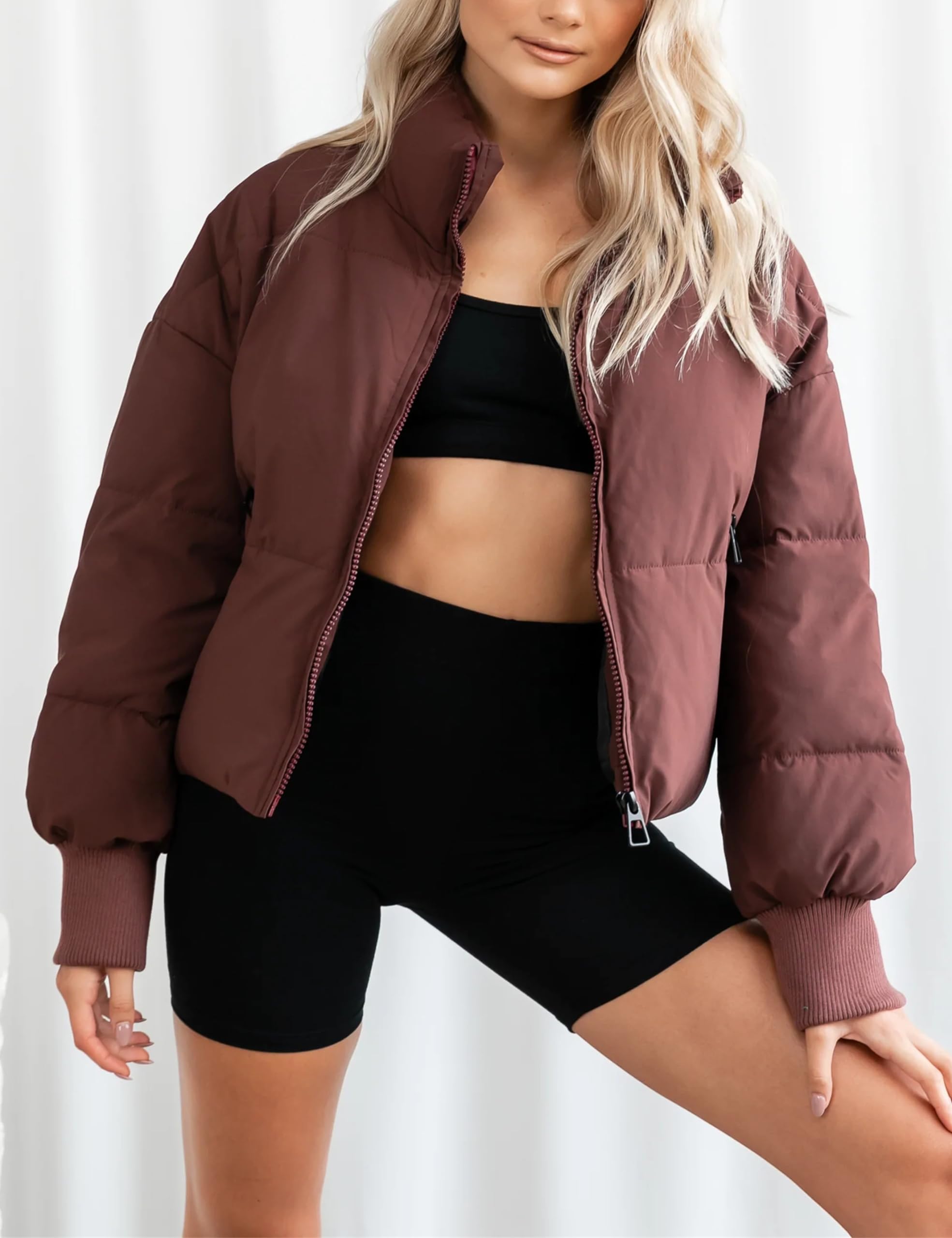 Lianlive Womens Cropped Puffer Jacket Oversized Black Short Puffy Winter Coat