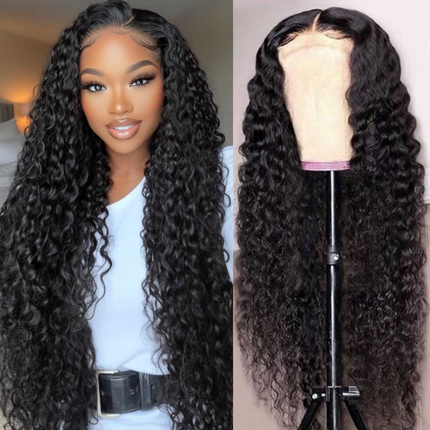 Iwish 13x4 Deep Wave Lace Front Wigs Human Hair 24Inch Deep Curly HD Transparent Lace Frontal Wigs 200% Density Virgin 12A Brazilian Human Hair Pre Plucked Natural Black