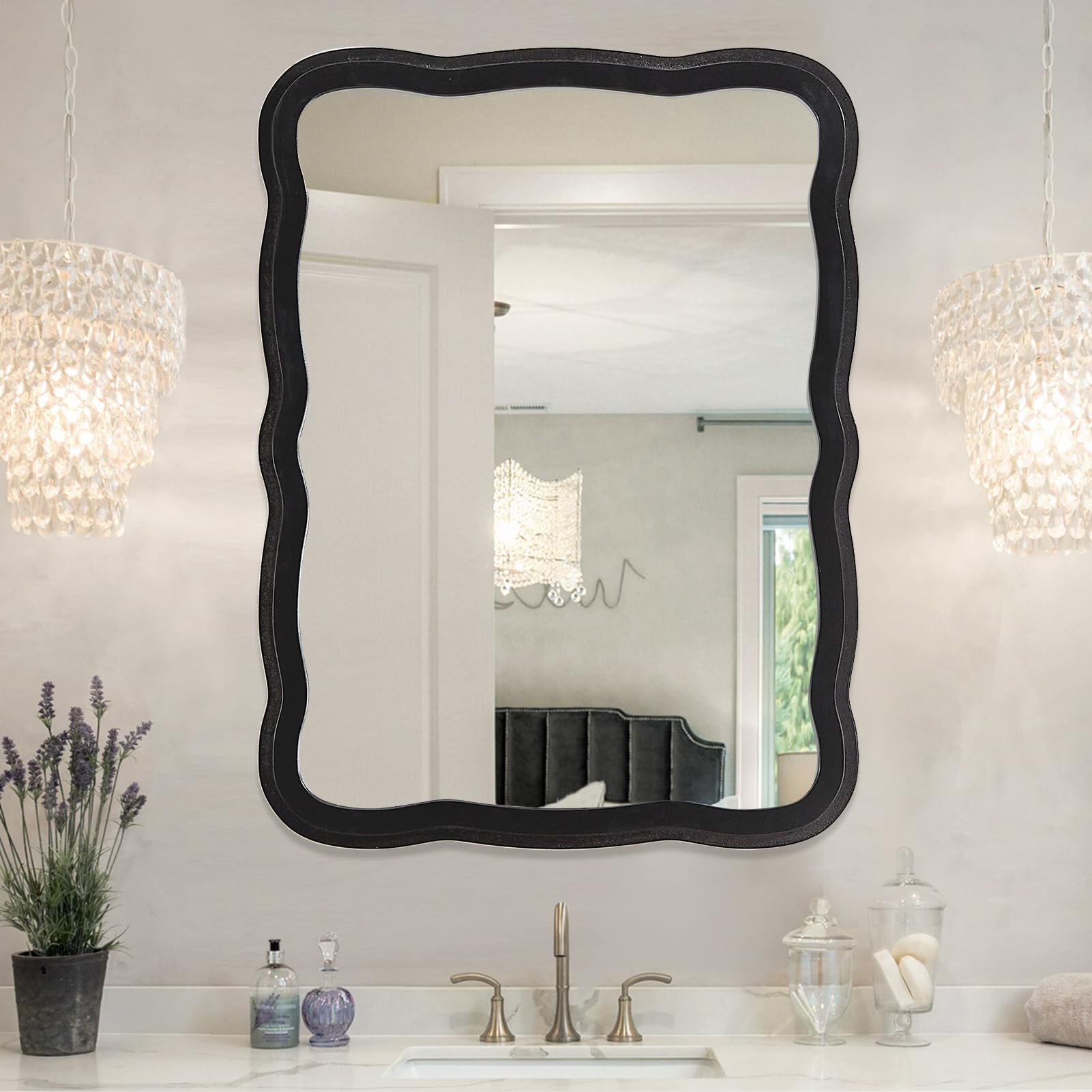 YOSHOOT Wave Frame Mirror, Living Room Bedroom Hallway Home Decor Wall Mirror, Birthday House Warming Gift (Black, 50x40 cm)