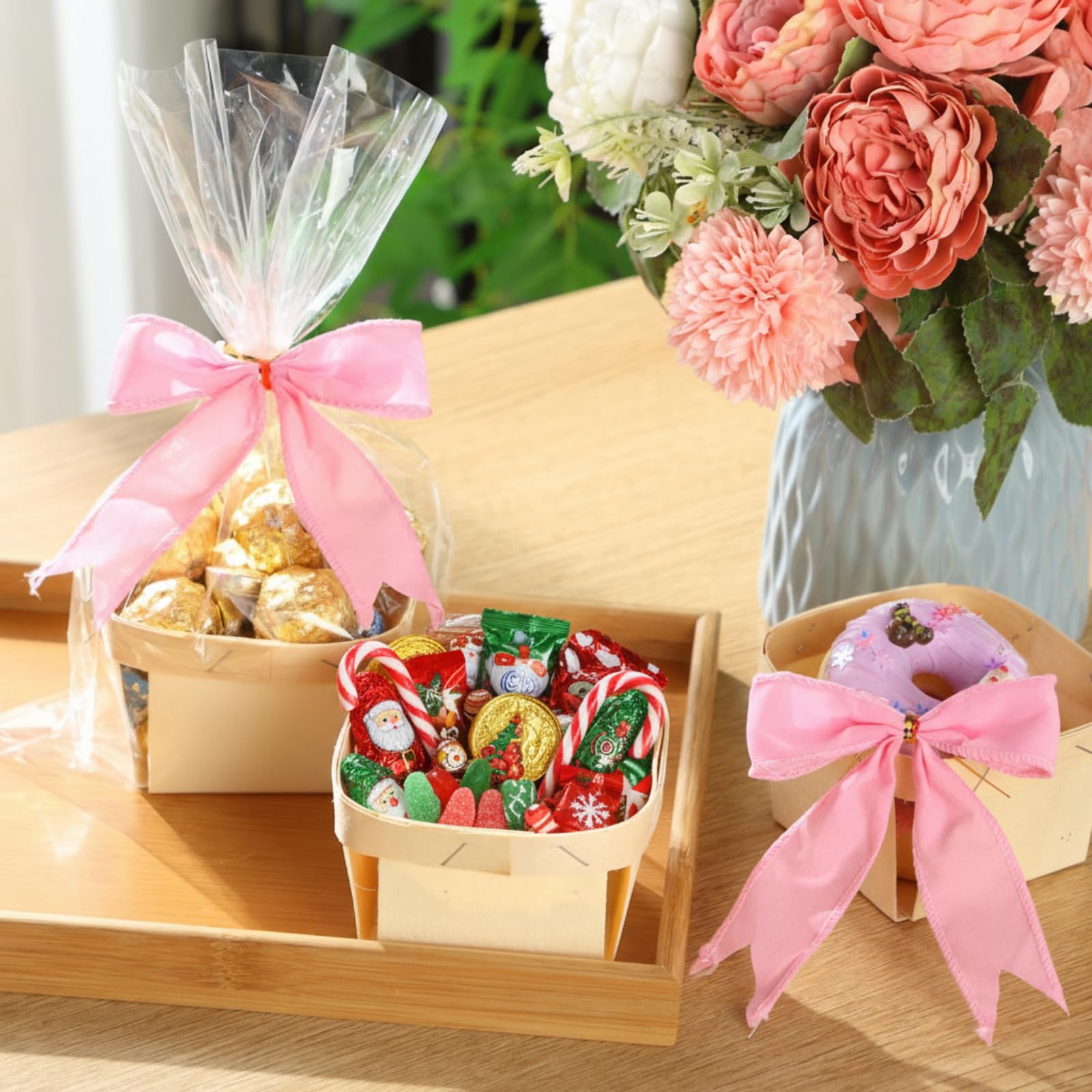 Yerliker Juego de 10 mini cestas de madera para regalos, cestas pequeñas vacías de 4 pulgadas, cestas pequeñas de bayas, bolsas transparentes para regalo, para manualidades, bodas, cumpleaños,