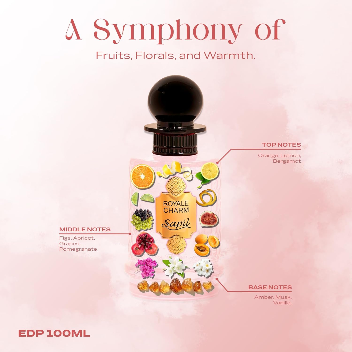 Sapil Royale Charm Eau de Parfum – Long Lasting Unisex Fruity Perfume | Citrus, Fig & Vanilla Notes | Fresh Sweet Elegant Fragrance | 3.4 oz / 100ml - Image 2