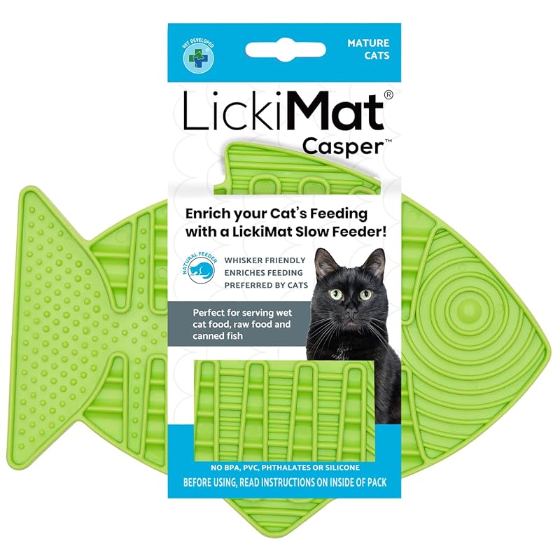 Comedouro lento para gatos LICKIMAT Casper em formato de peixe, superfície texturizada, Verde