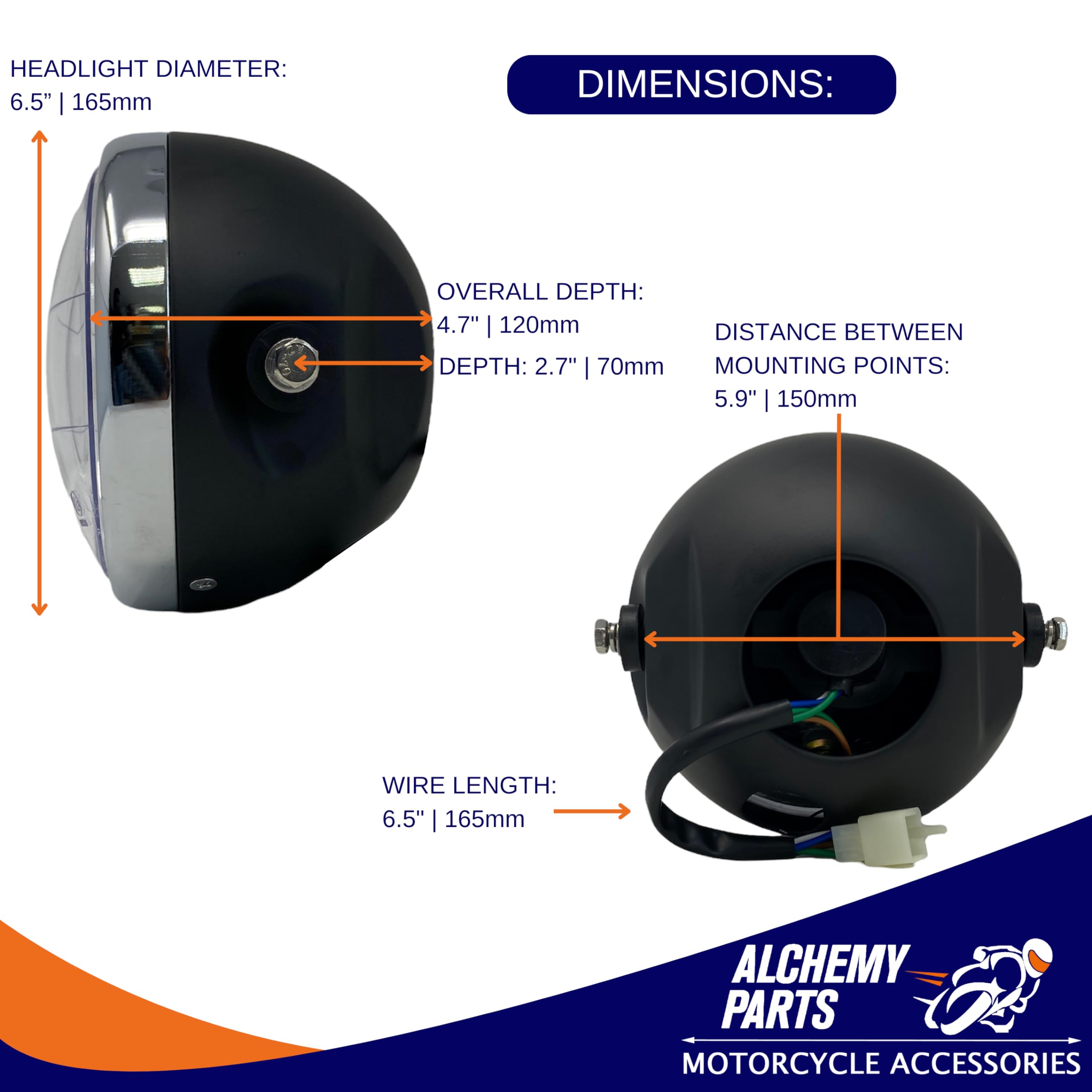 Alchemy Parts - Faro de moto, 165 mm de diámetro, universal para Retro-Café-Racer, Custom Street Bike, Project Roadster, Homologado con E-Prüfzeichen (negro mate con llanta cromada)