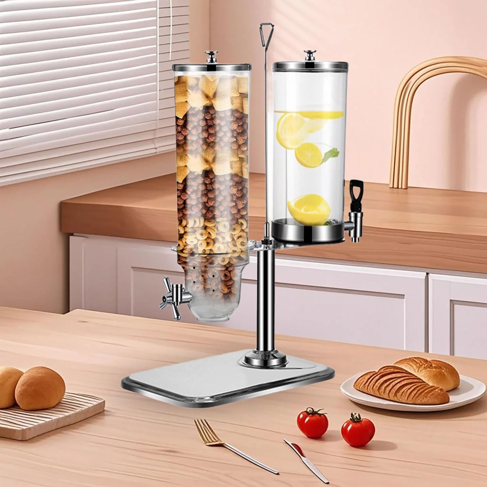 Dispenser per cereali, contenitore per alimenti rotante a 360 gradi, multifunzione in acciaio inox a doppia testa, ideale per cereali da colazione e snack