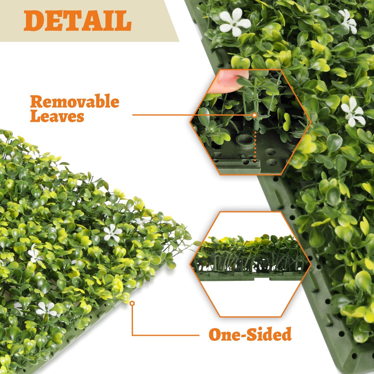 27PCS 18"x12" Artificial Plant Leaf Panels with Single Side White Flowers Hard Back Faux Grass Wall Decoration for Home Patio Balcony Porch Office