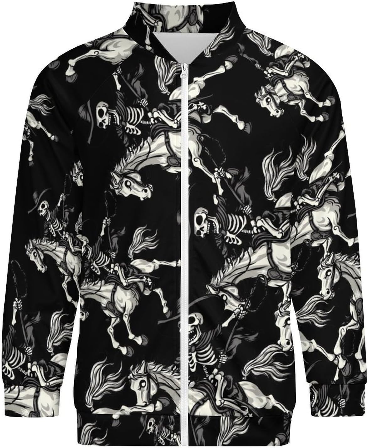 Skeleton Riding Horse Print Men's Zip Up Sweatshirt Casual Sweater Jackets Long Sleeve Tops Lightweight Coat